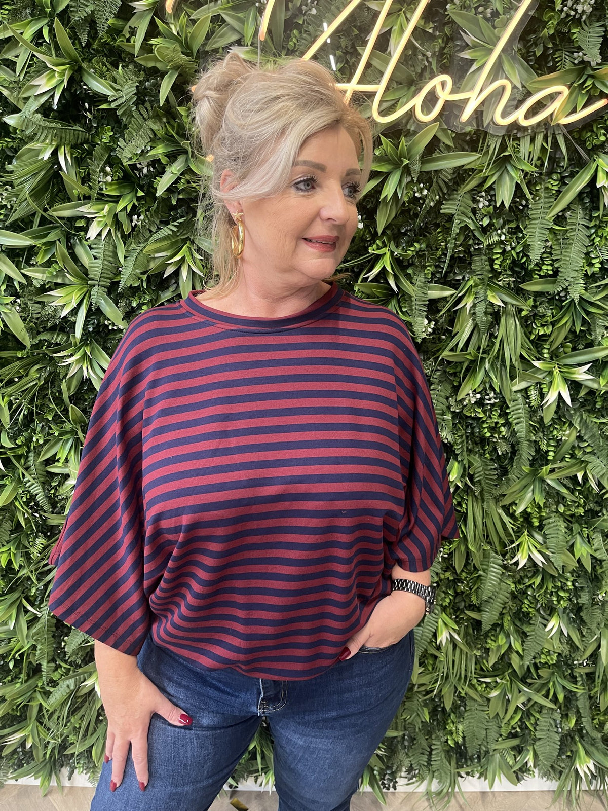 Top vleermuis streep marineblauw/bordeaux