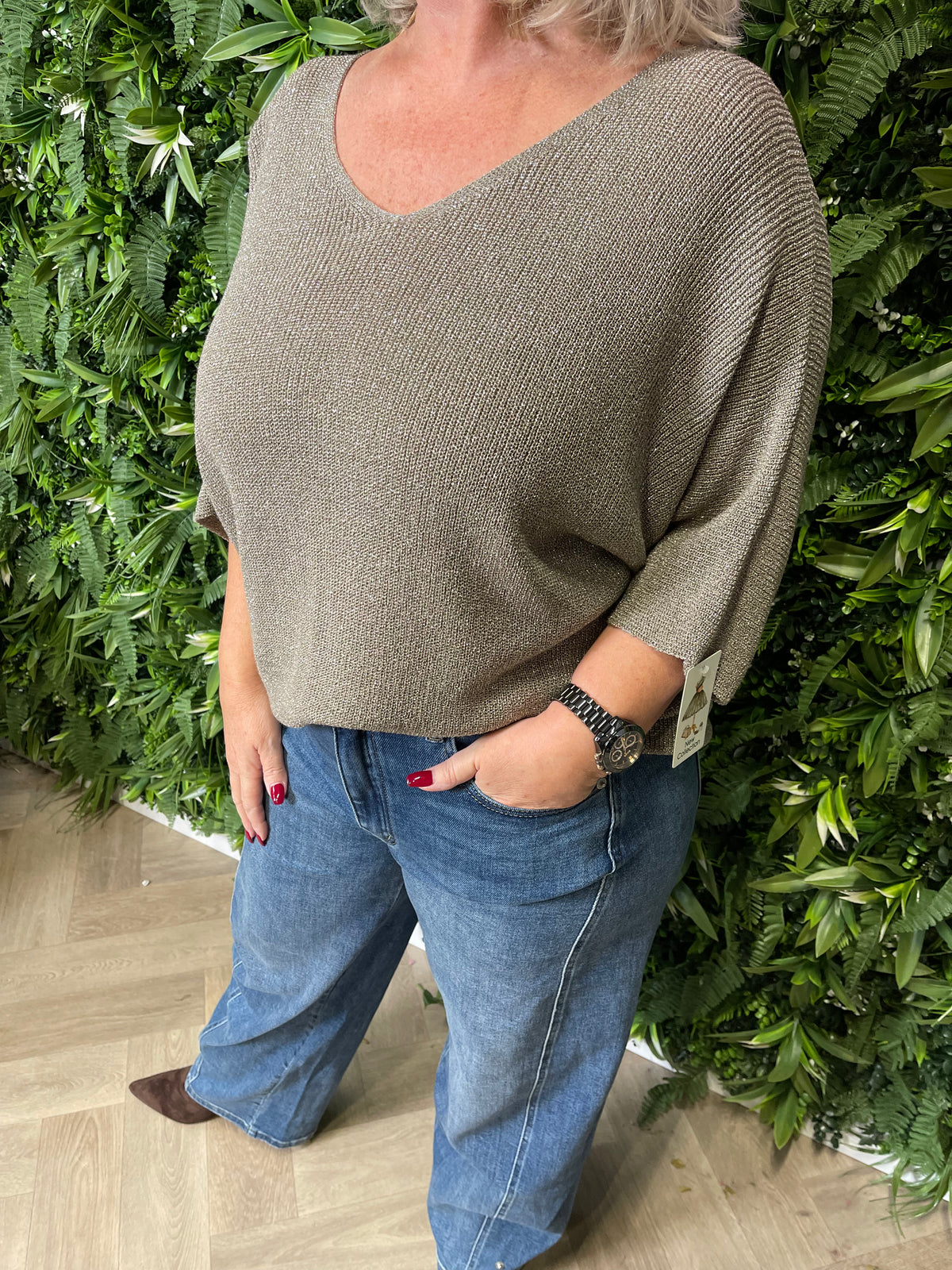 Gebreide top v-hals met lurex taupe