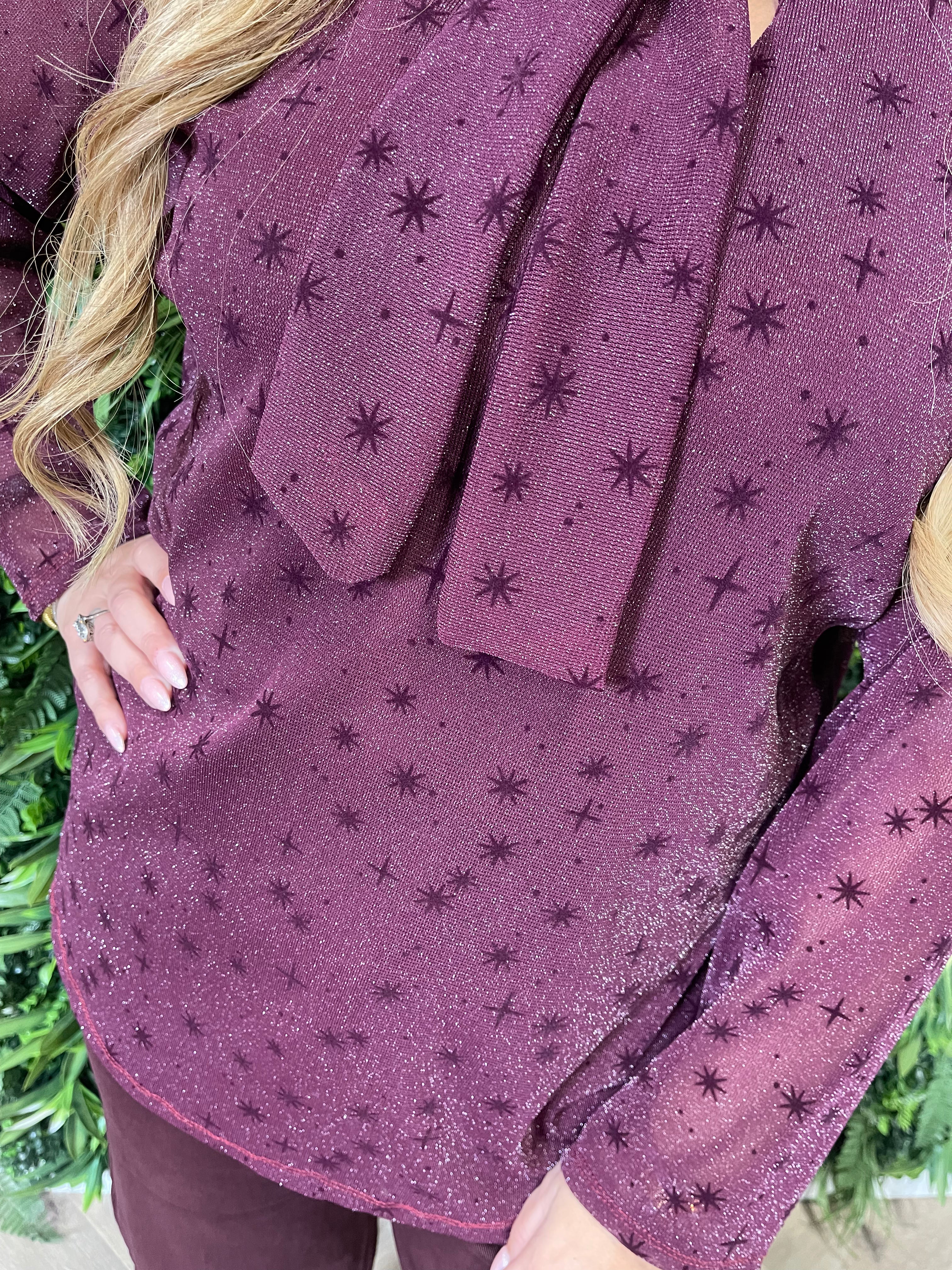Top lurex met strik aubergine