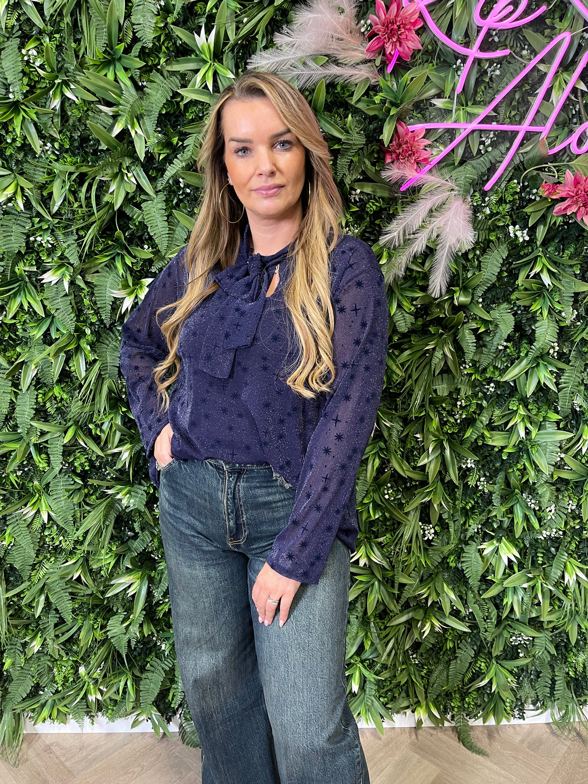 Top lurex met strik donkerblauw