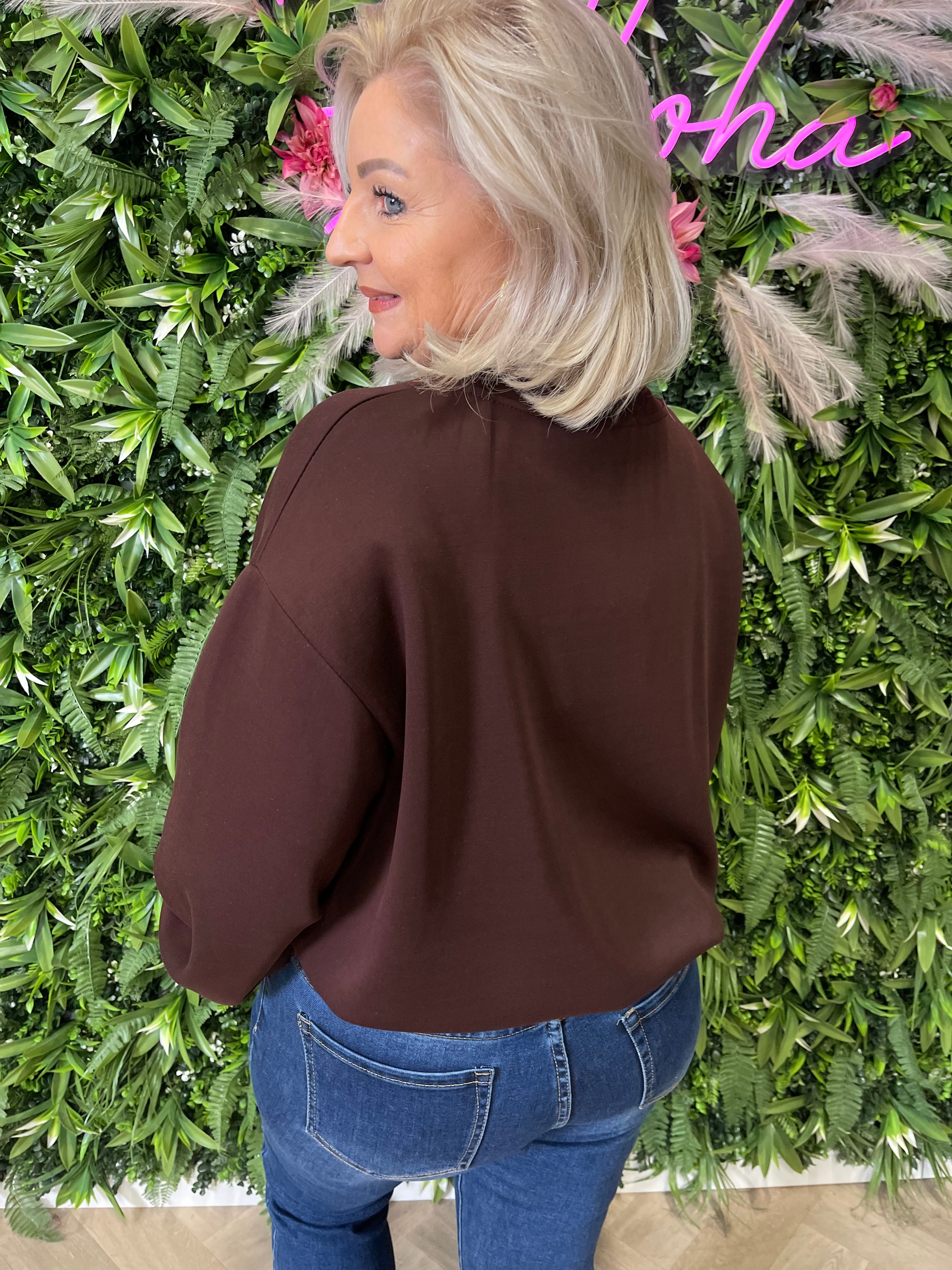 Sweater elastieken onderkant donkerbruin