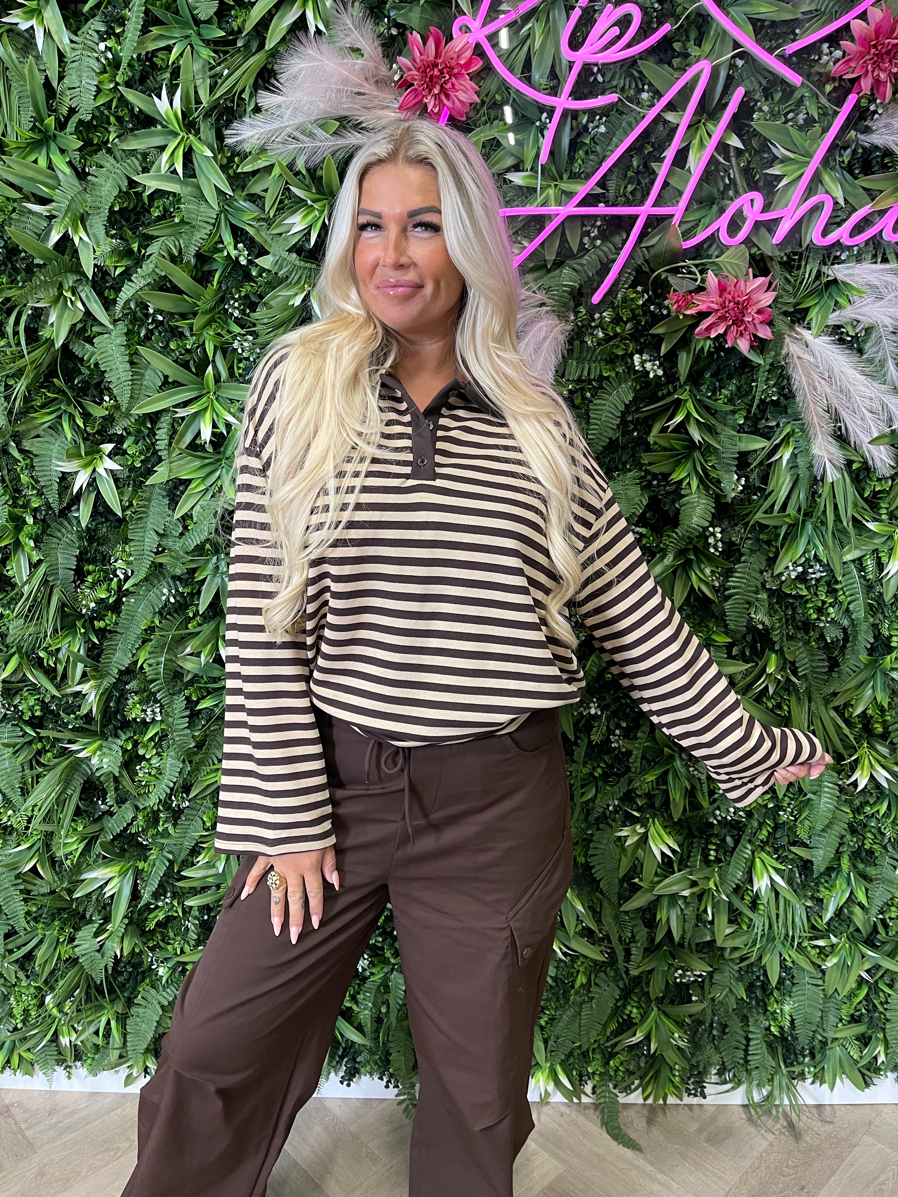 Shirt dunne streepjes met kraag beige/donkerbruin