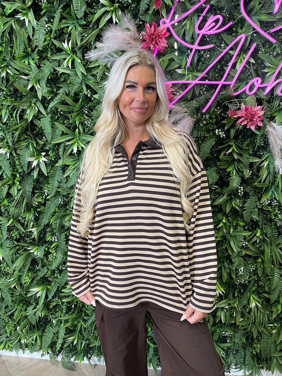 Shirt dunne streepjes met kraag beige/donkerbruin