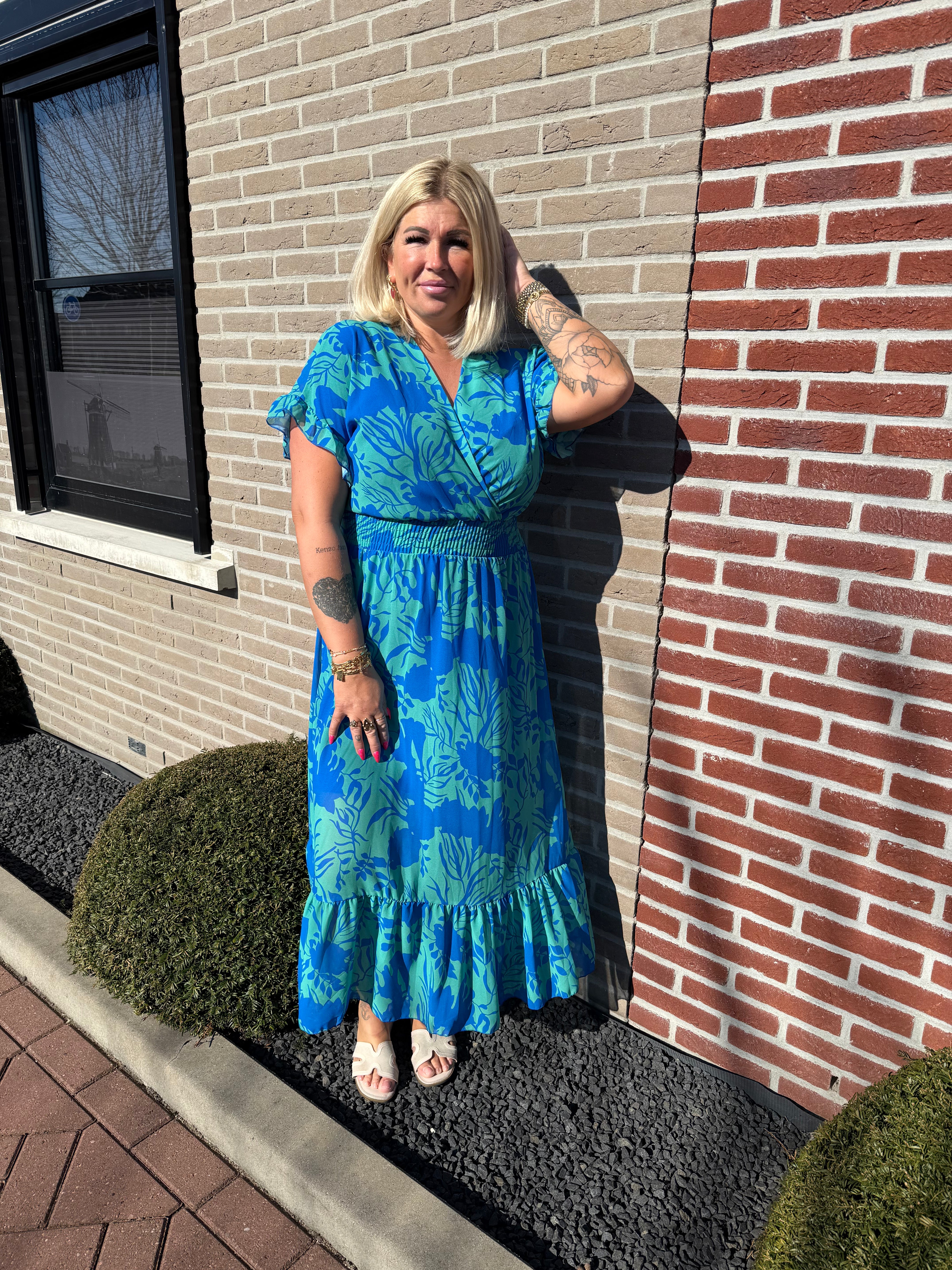 Maxi jurk roezels bloemen groen/blauw