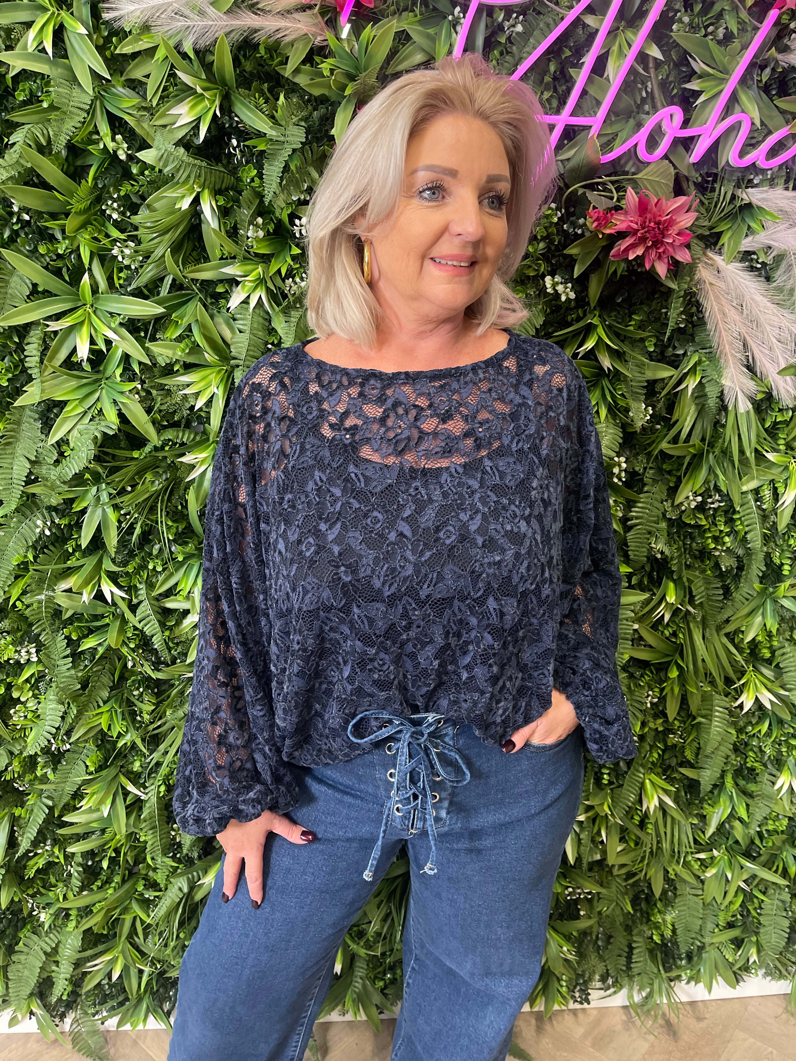 Top vleermuismouwen met kant marineblauw