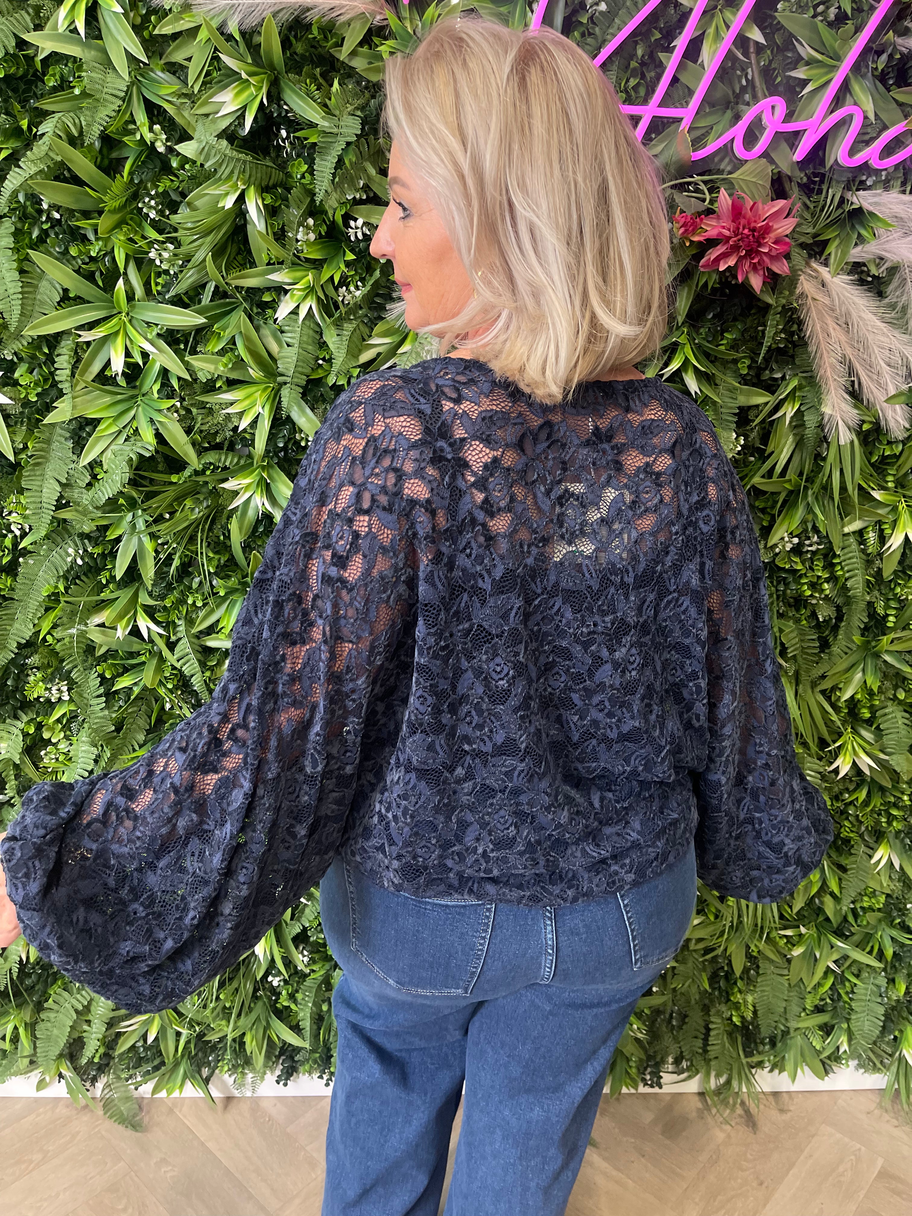Top vleermuismouwen met kant marineblauw