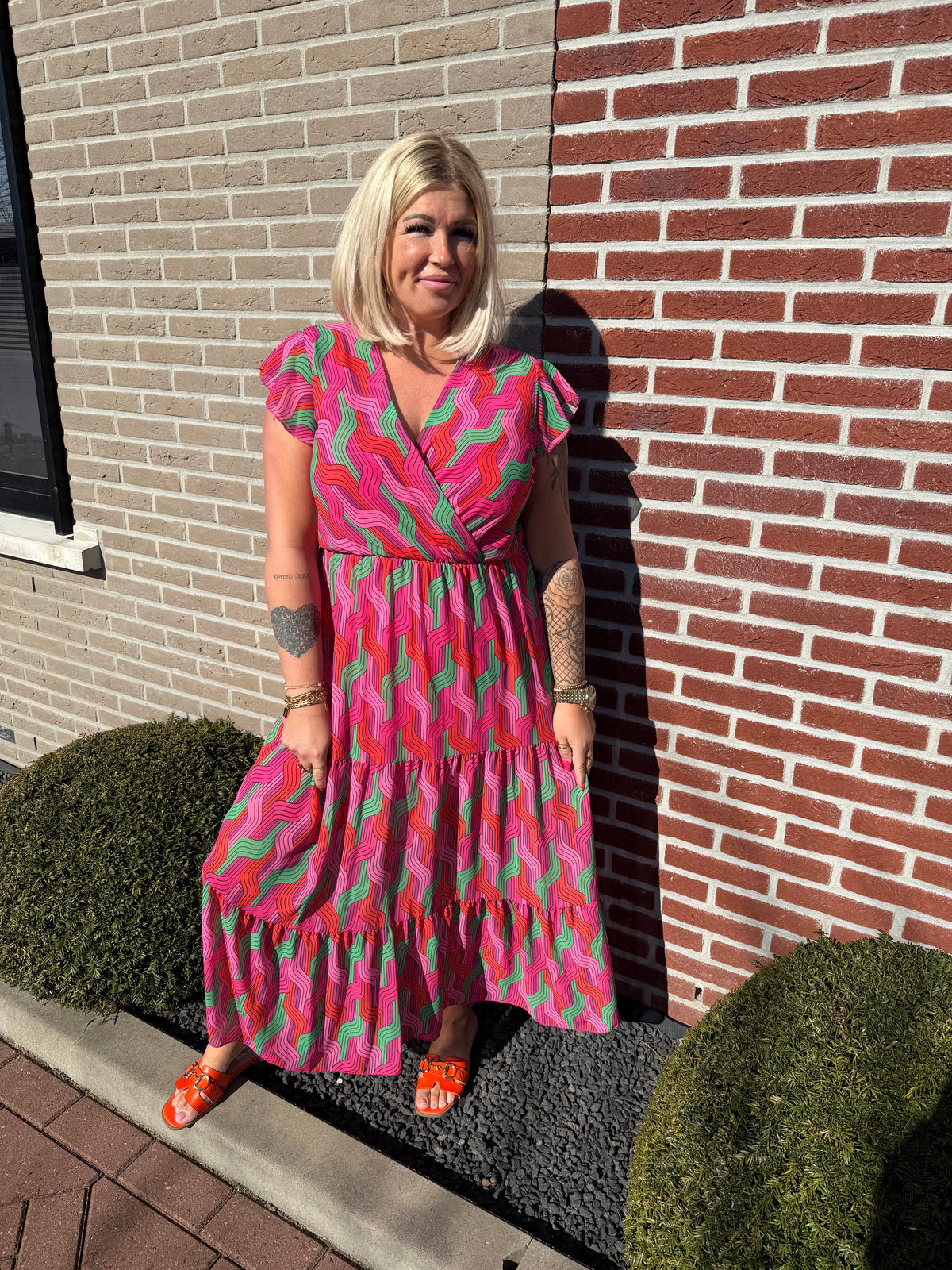 Maxi jurk stroken weef roze/groen