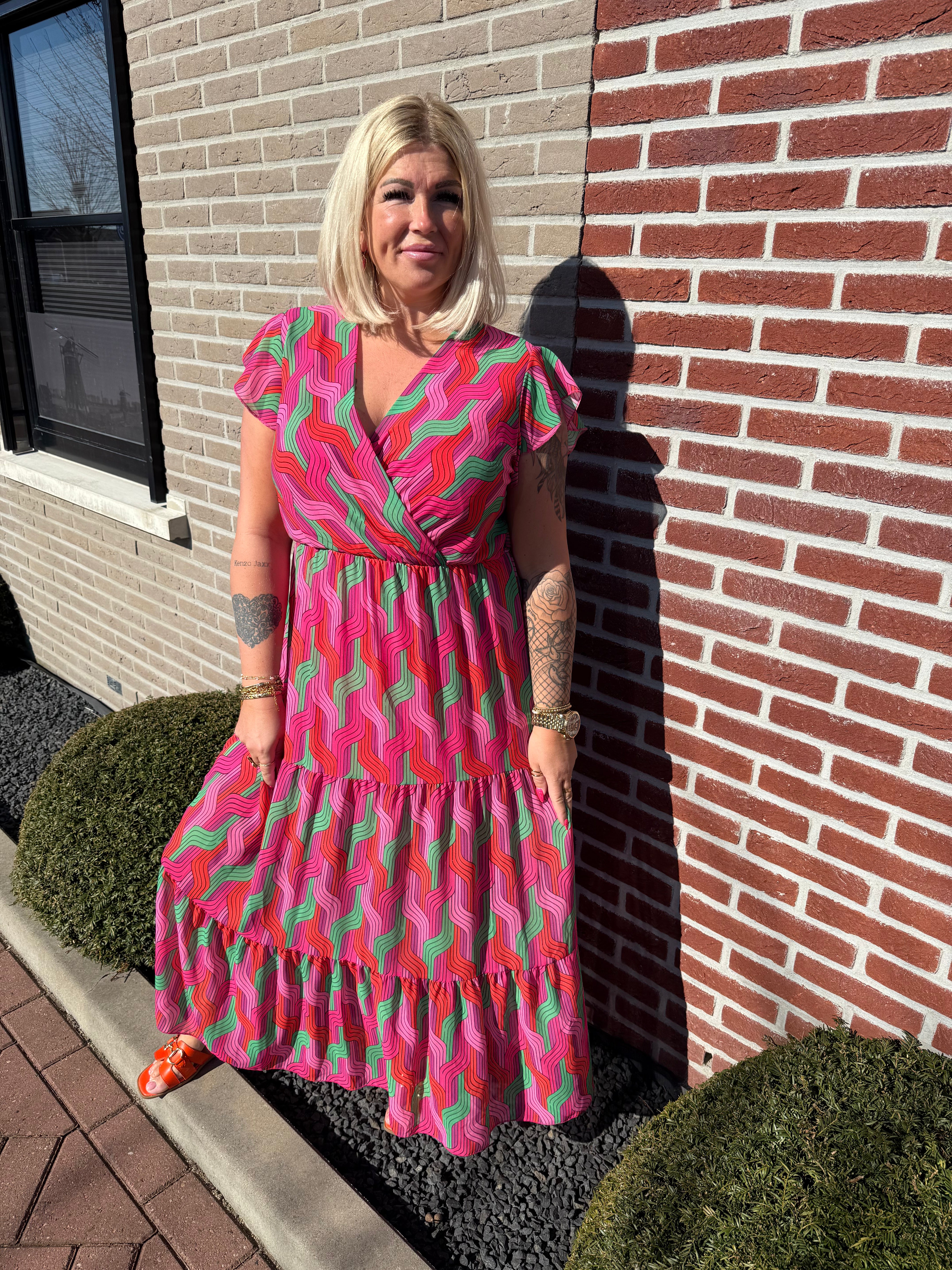 Maxi jurk stroken weef roze/groen