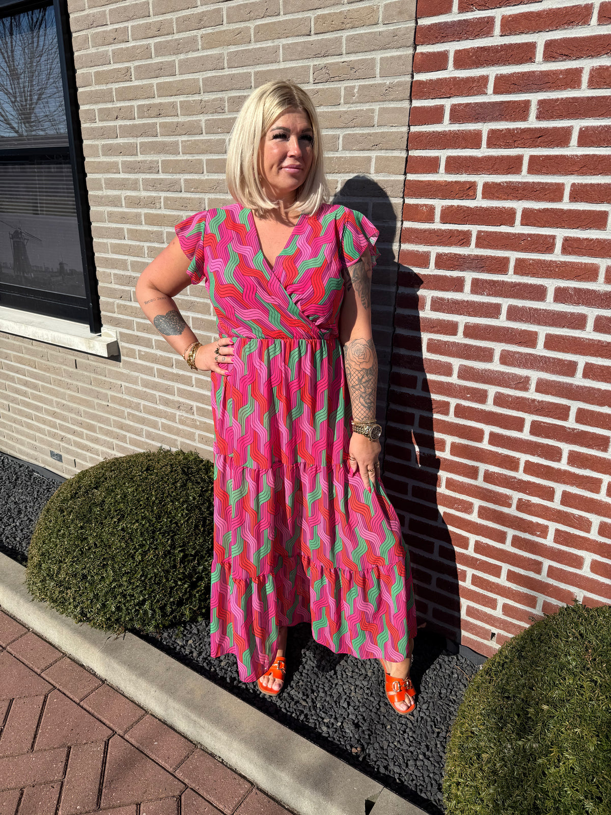 Maxi jurk stroken weef roze/groen