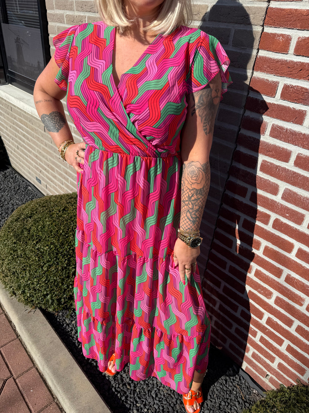 Maxi jurk stroken weef roze/groen