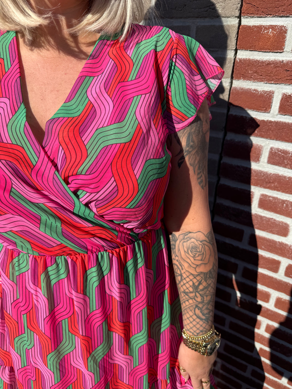 Maxi jurk stroken weef roze/groen