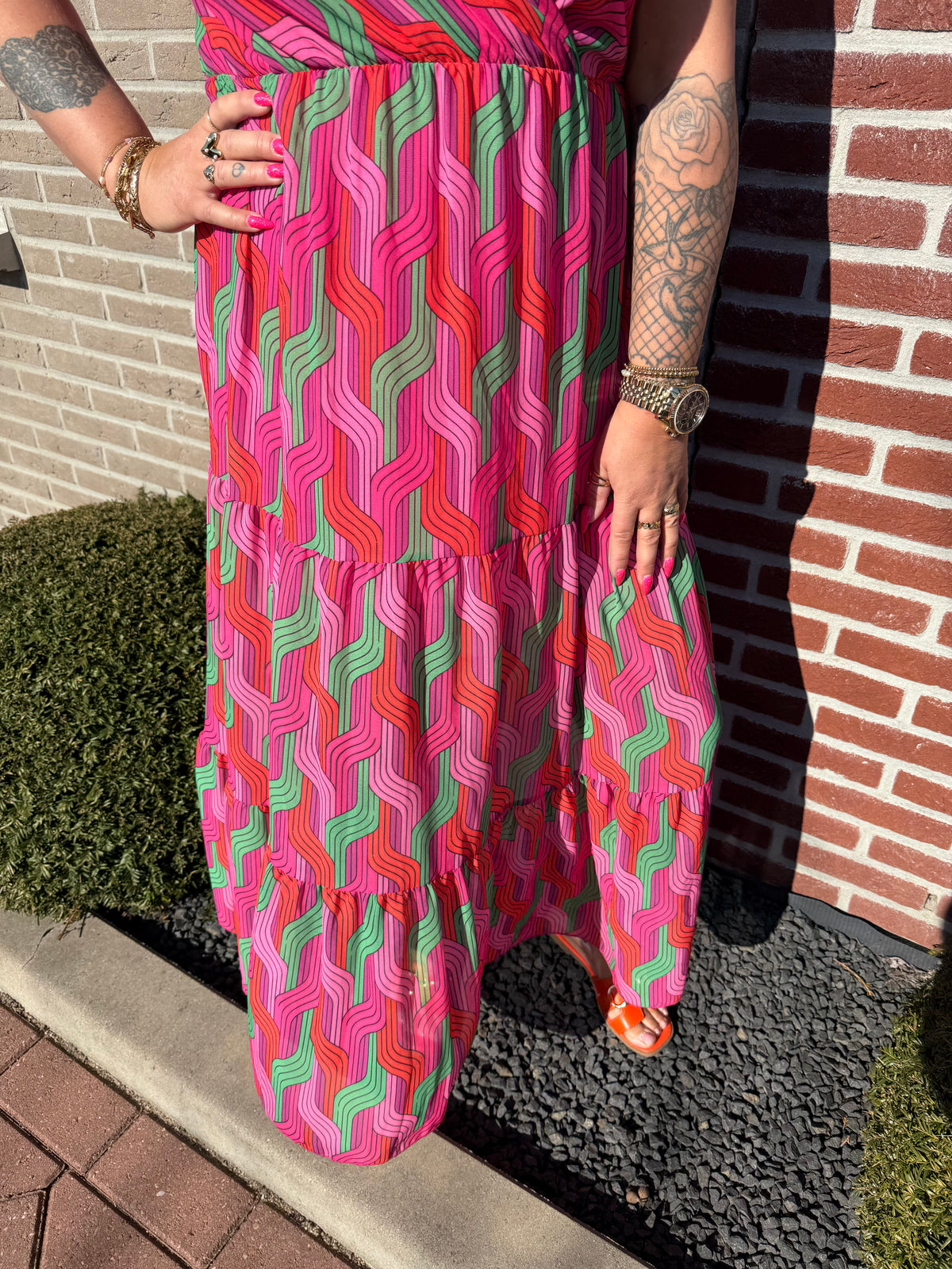 Maxi jurk stroken weef roze/groen