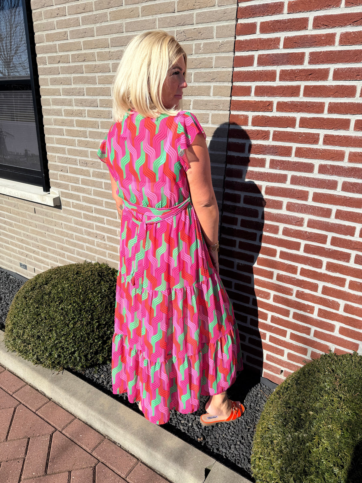 Maxi jurk stroken weef roze/groen