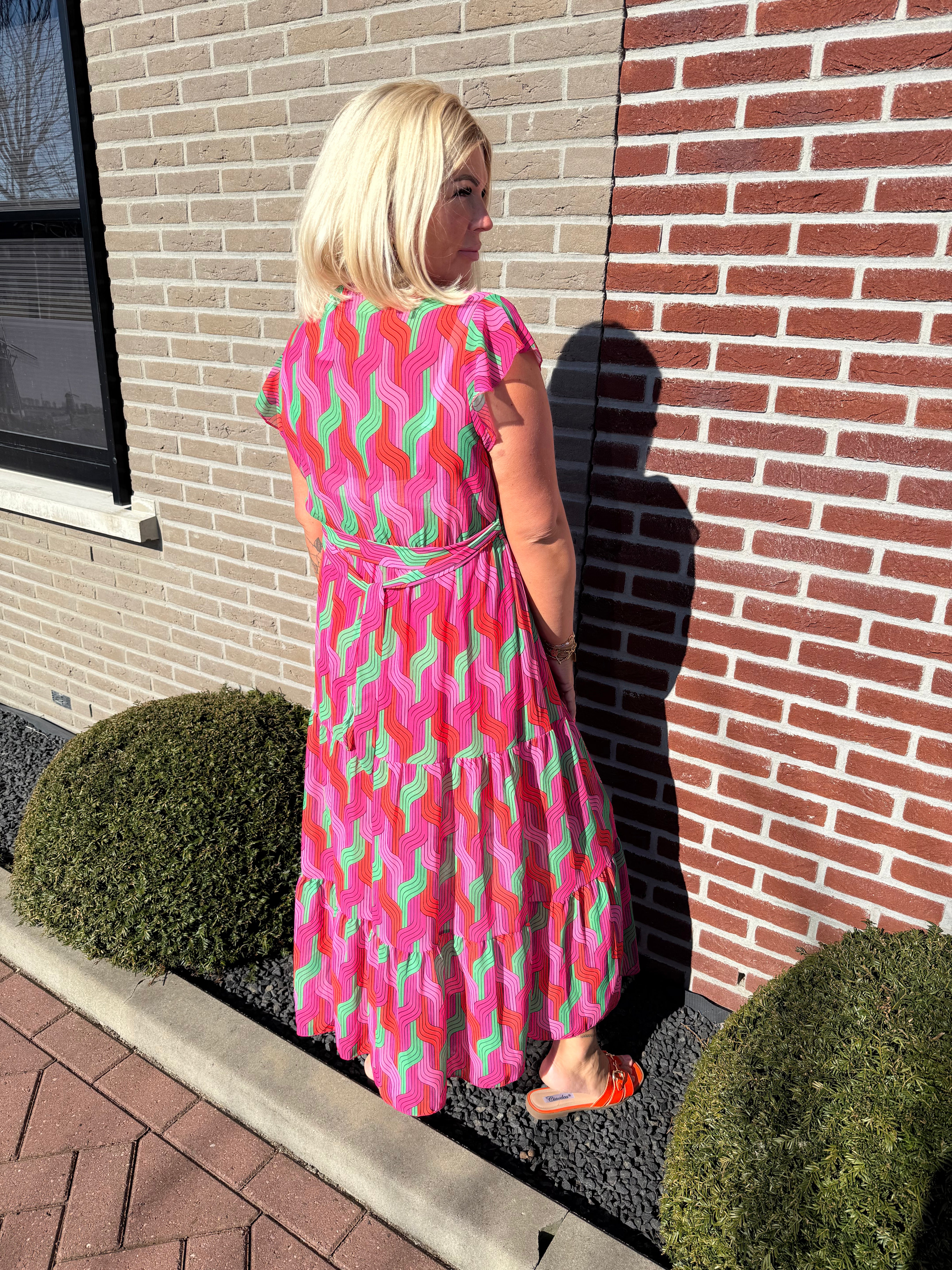 Maxi jurk stroken weef roze/groen