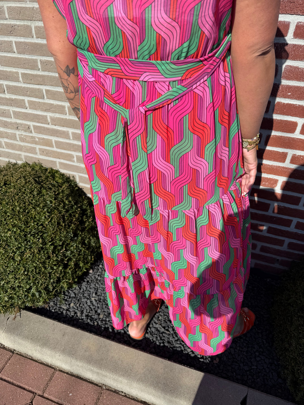 Maxi jurk stroken weef roze/groen