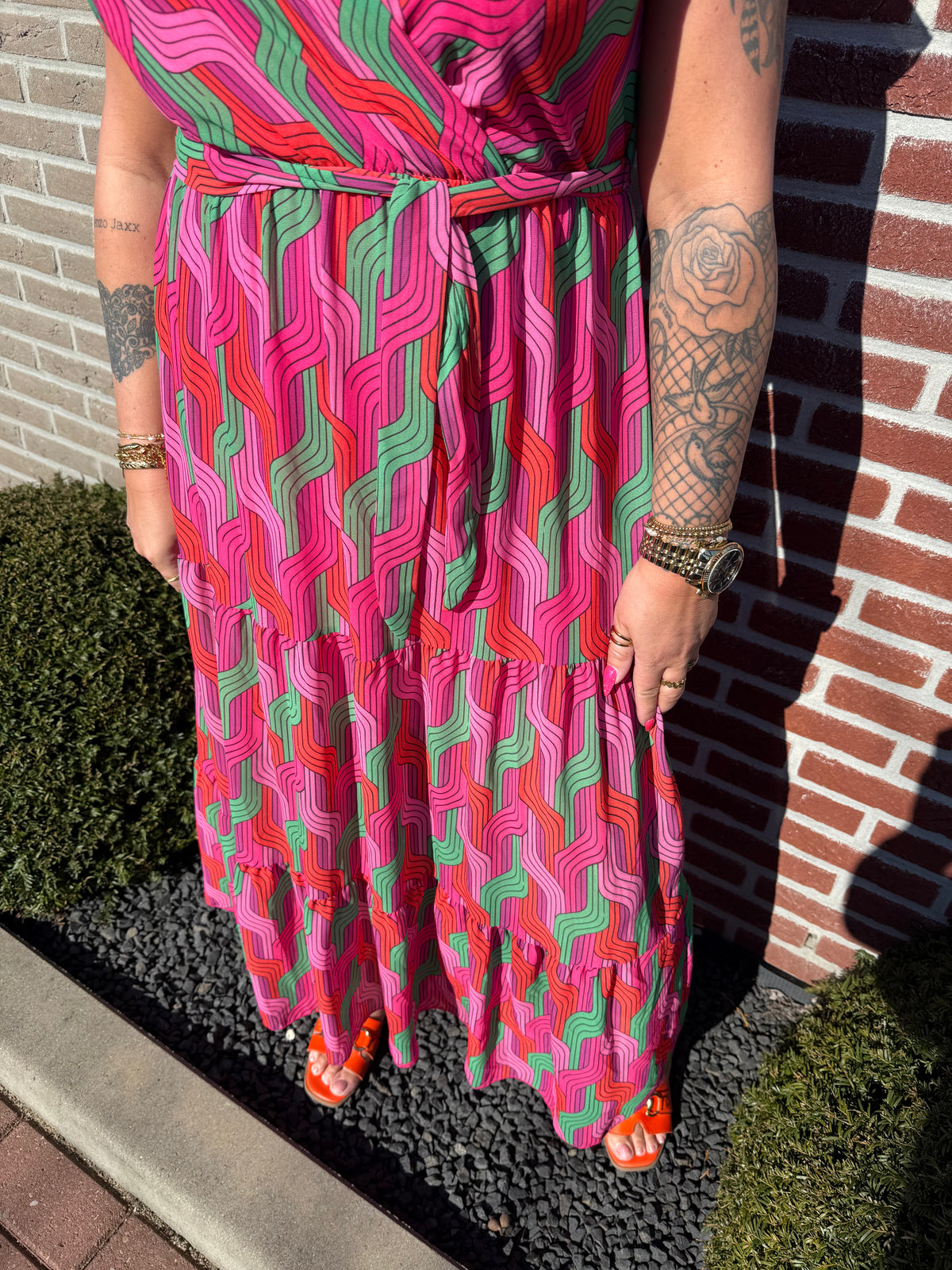 Maxi jurk stroken weef roze/groen
