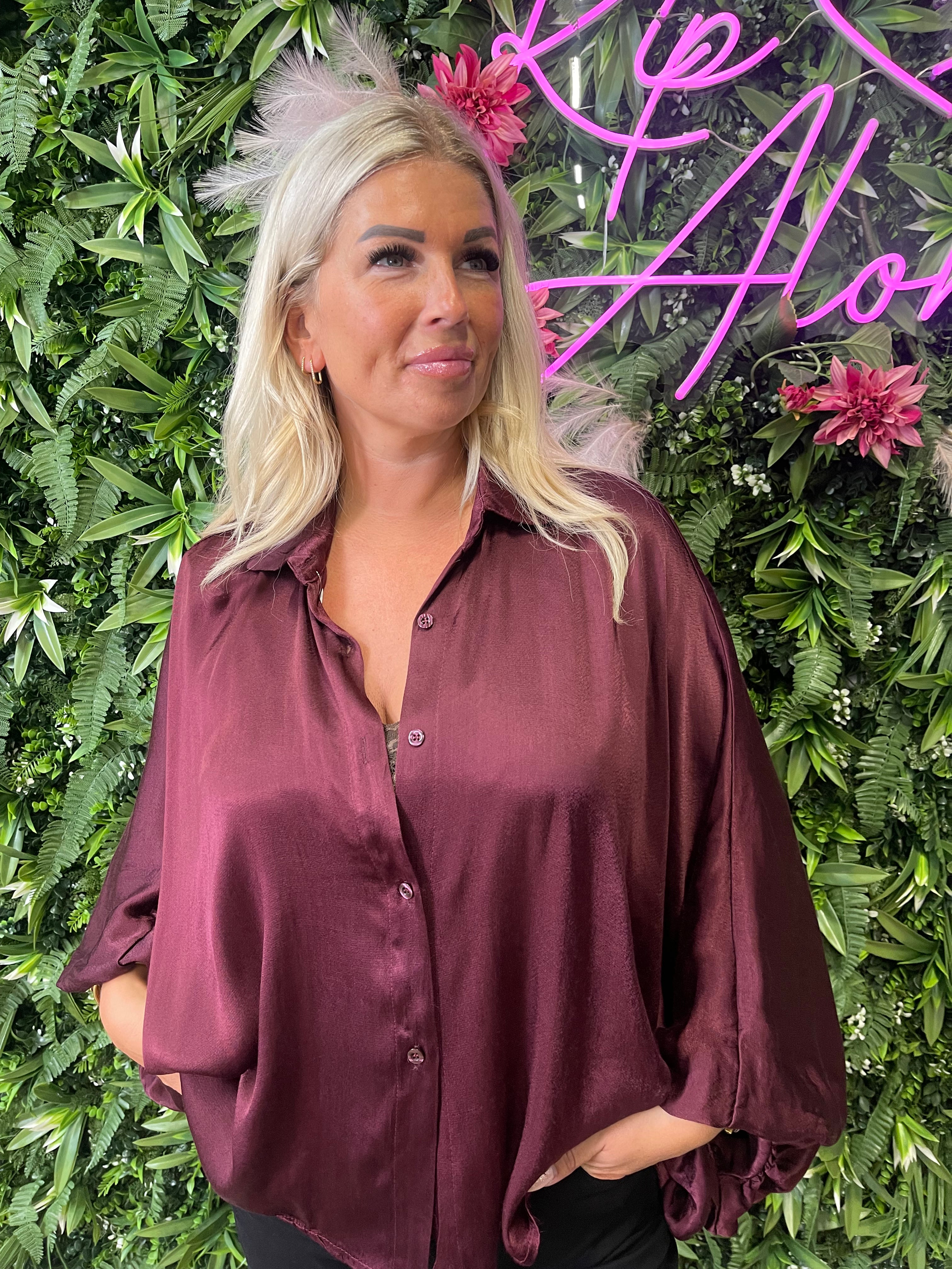Silky blouse pofmouwen bordeaux