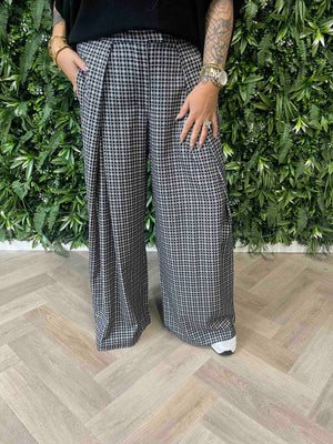 Pantalon met plooi ruitpatroon zwart
