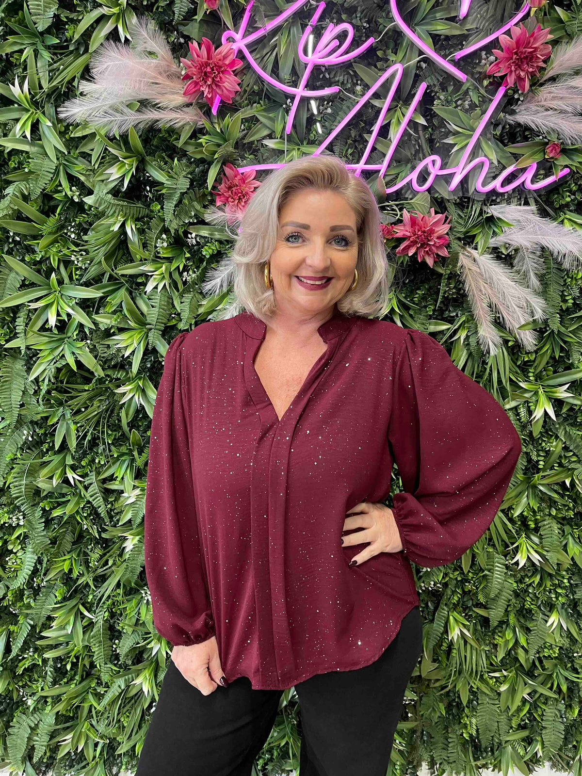 Blouse roezel met pofmouwen glitter bordeaux