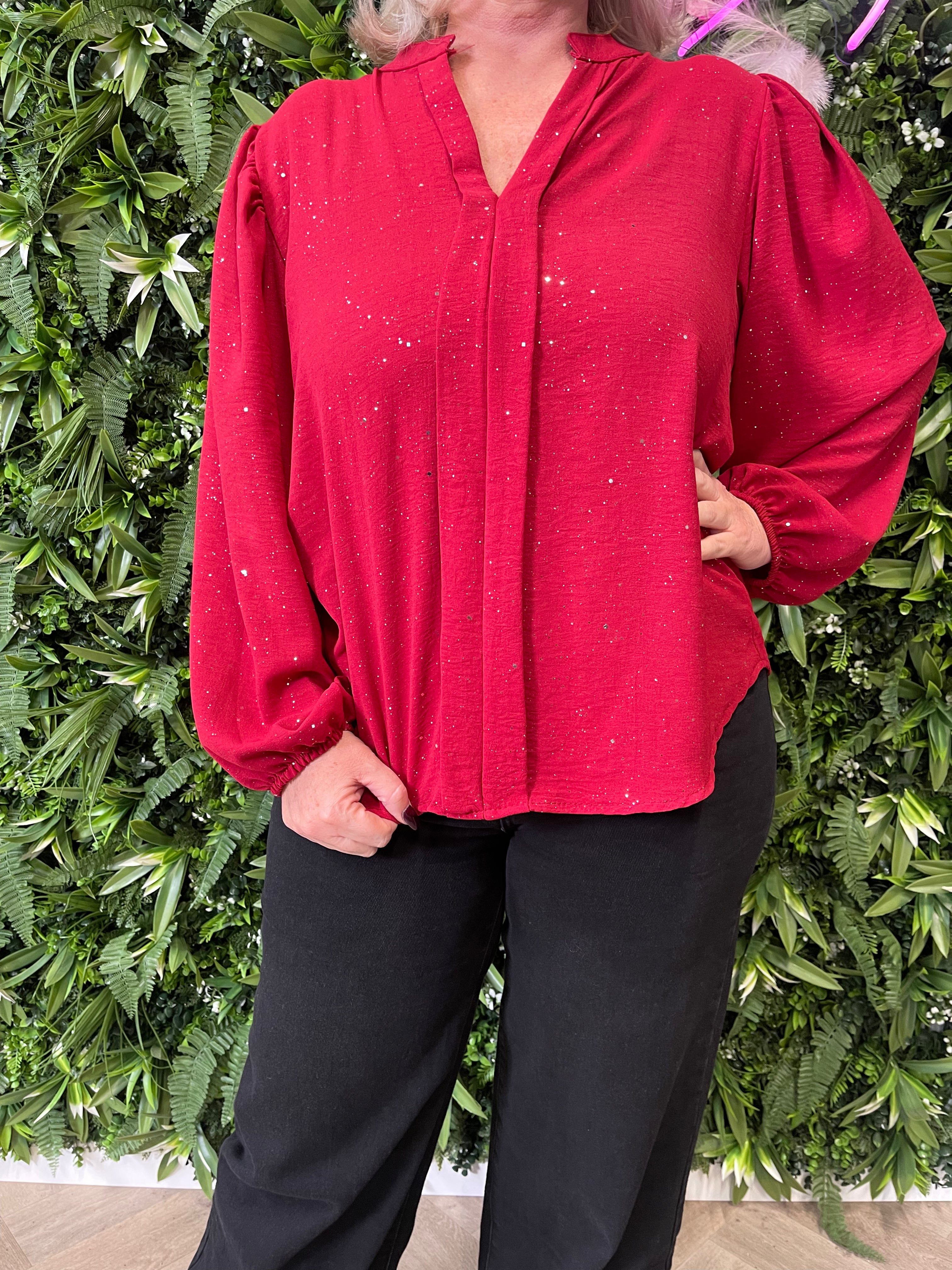 Blouse roezel met pofmouwen glitter rood