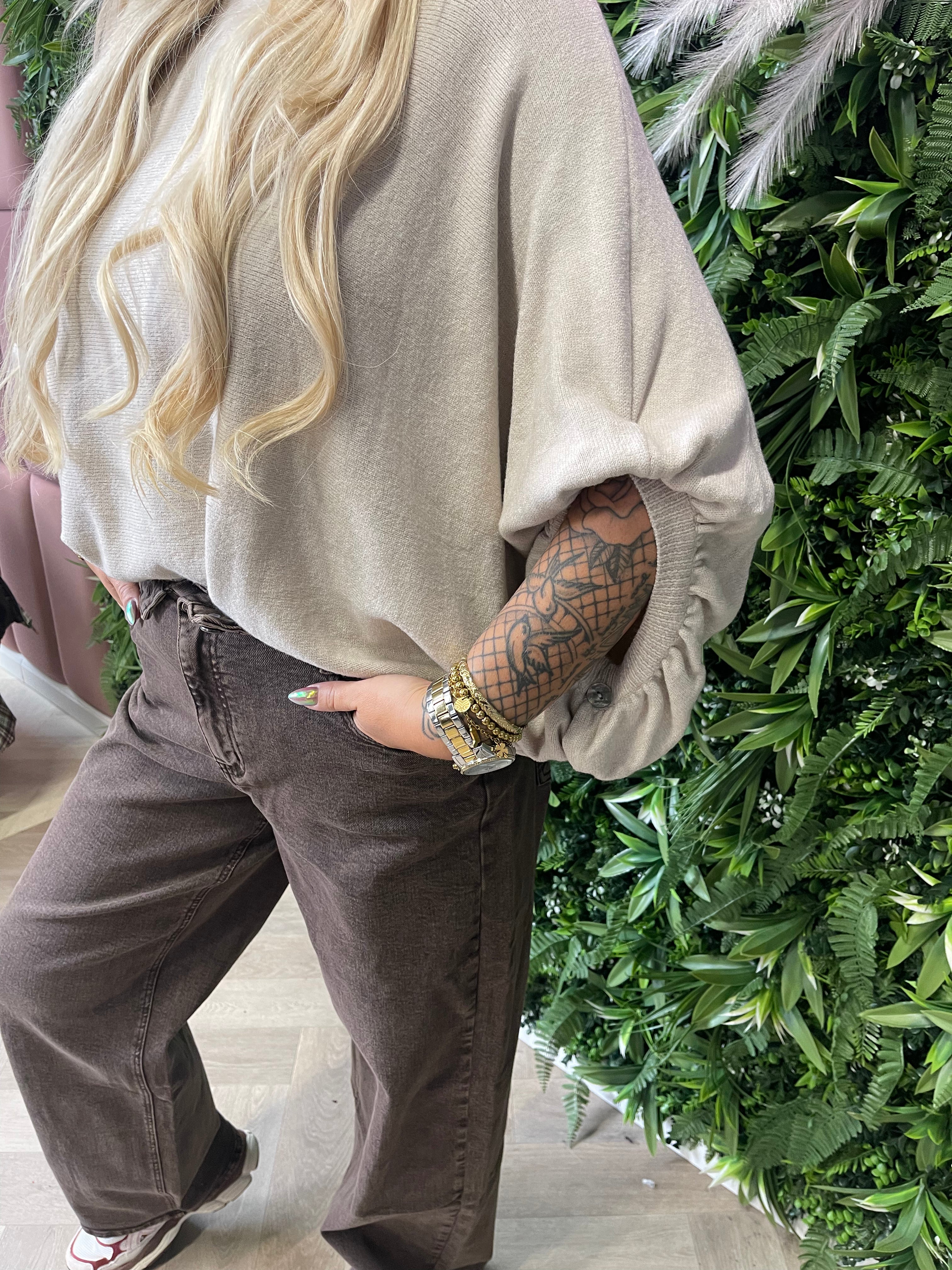 Vleermuis trui uni korte pofmouwen beige