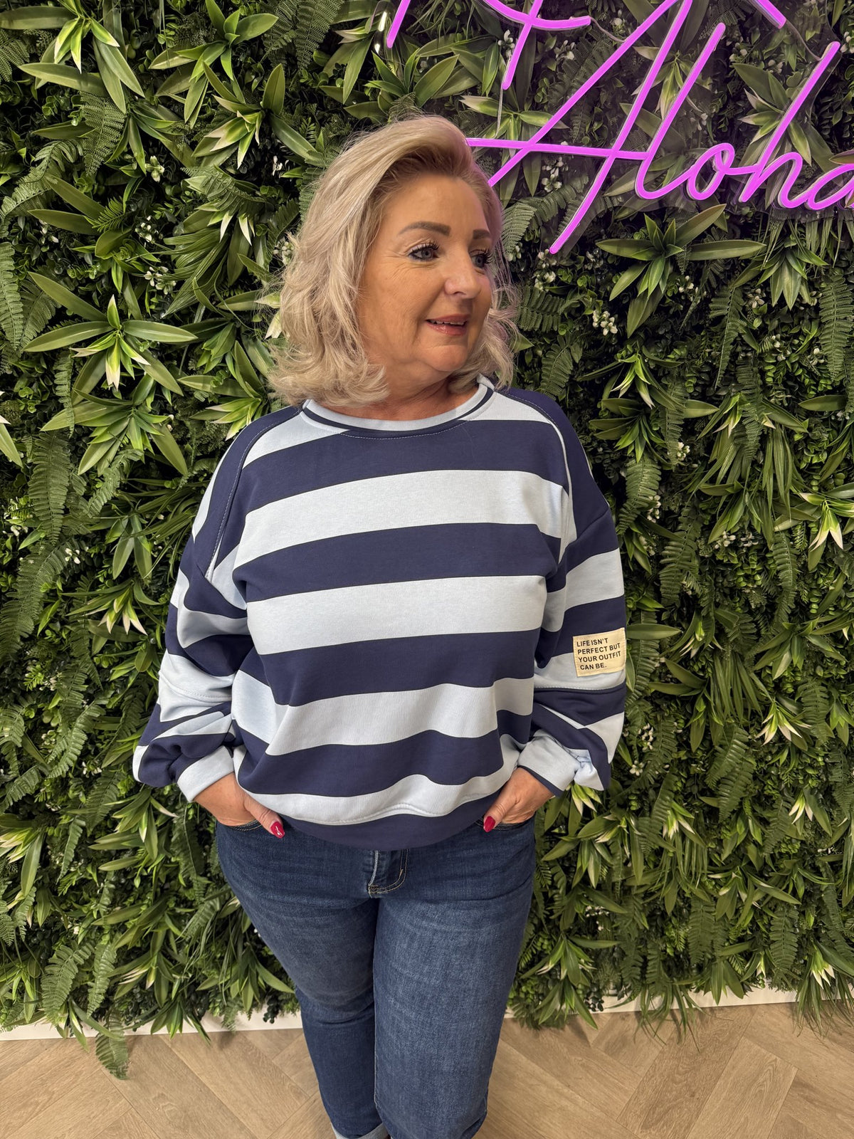Sweater brede streep met applicatie marineblauw/lichtblauw