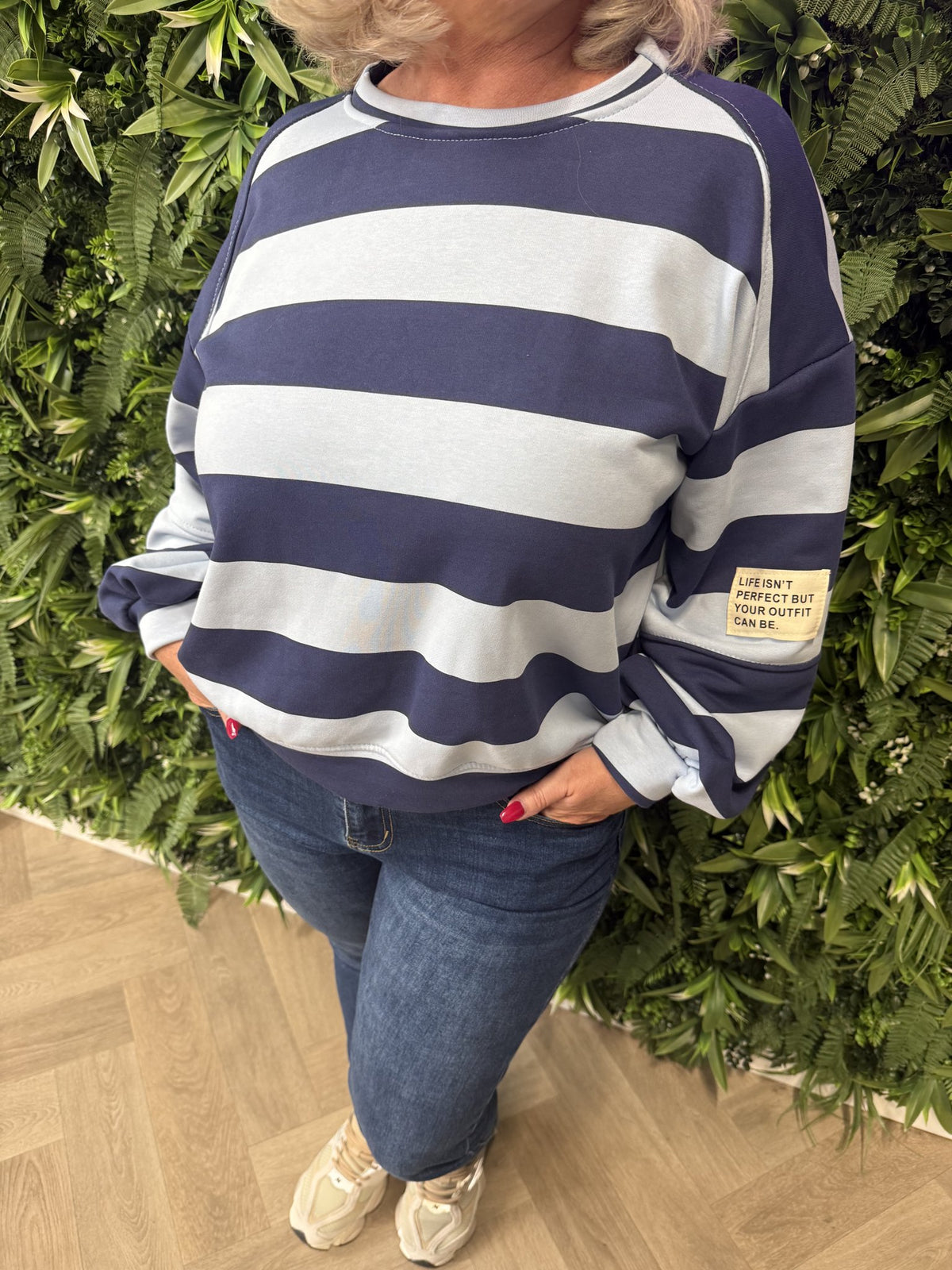 Sweater brede streep met applicatie marineblauw/lichtblauw