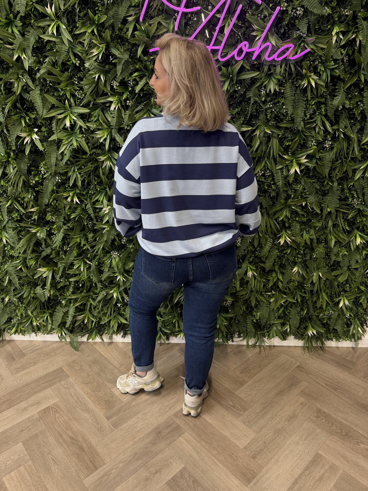 Sweater brede streep met applicatie marineblauw/lichtblauw