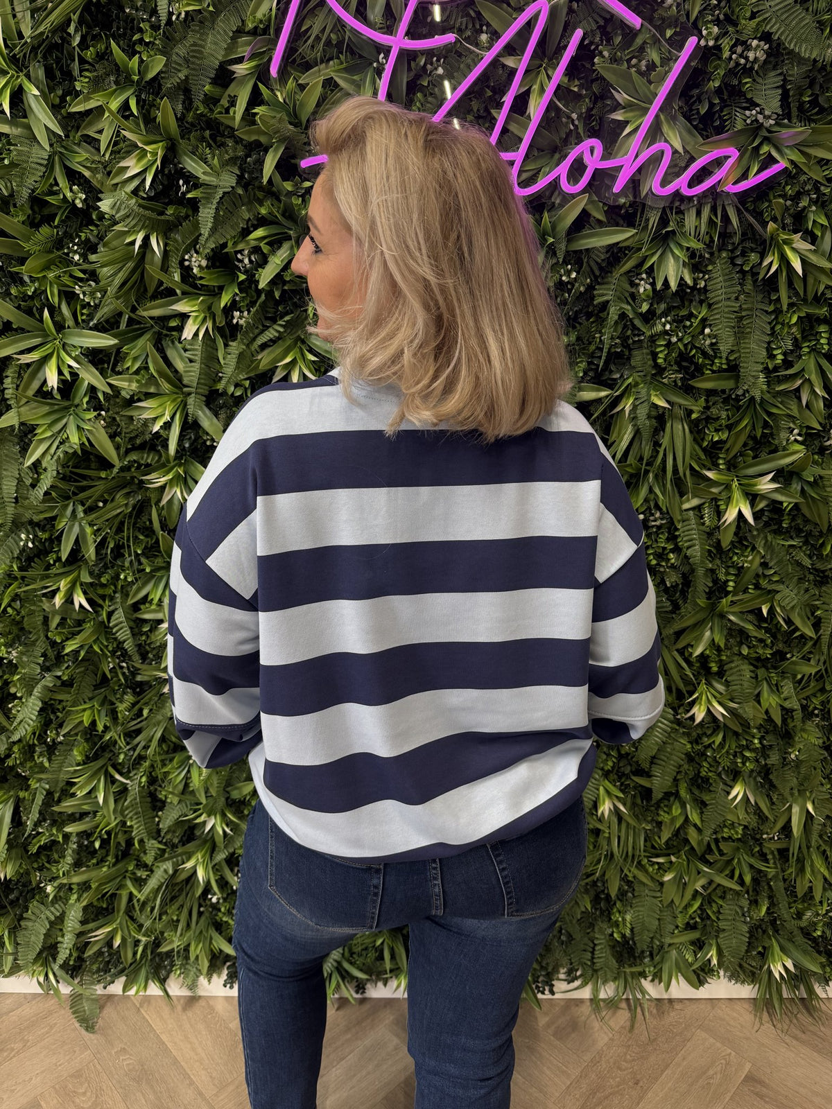 Sweater brede streep met applicatie marineblauw/lichtblauw
