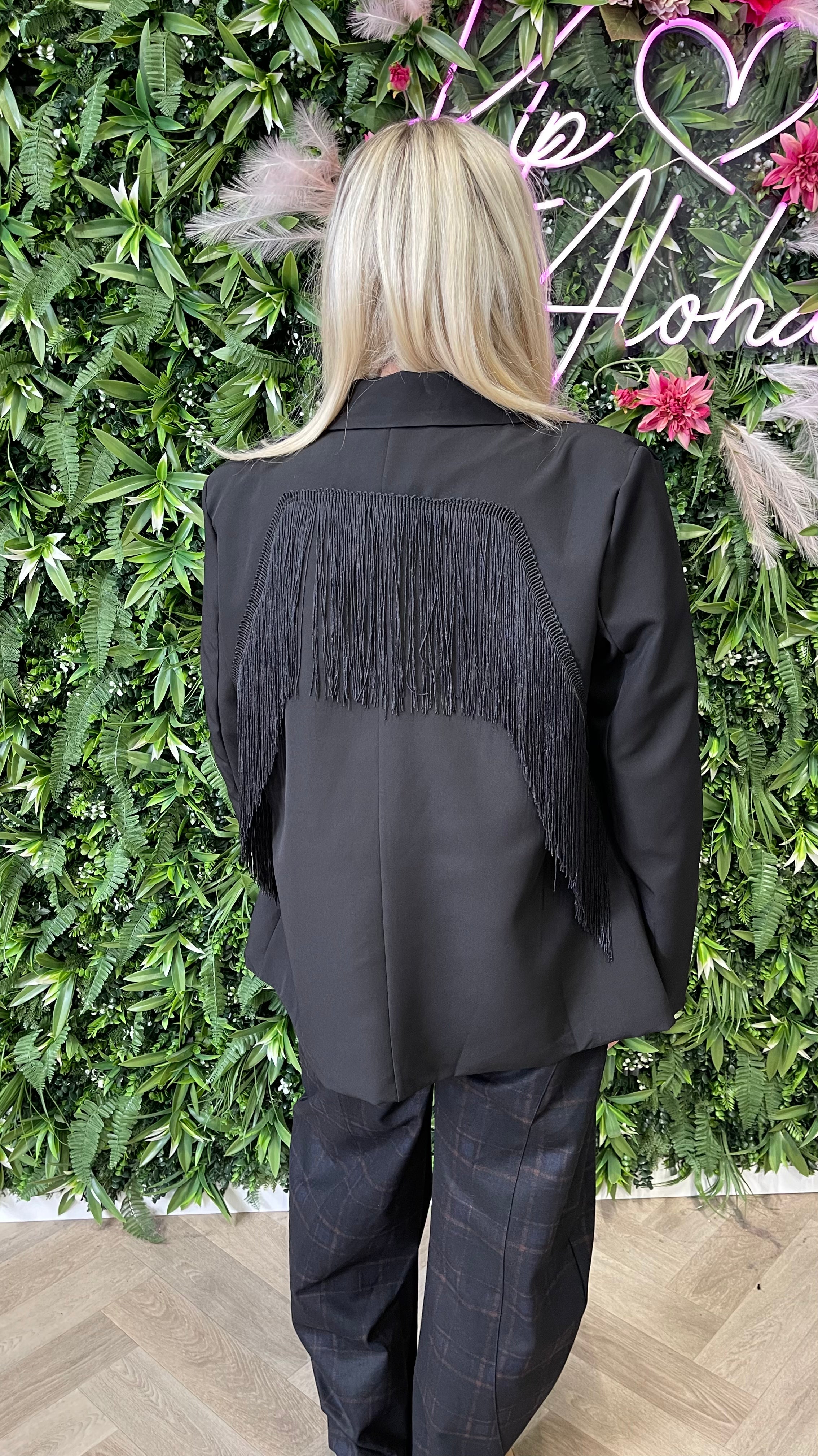 Blazer met franjes uni zwart