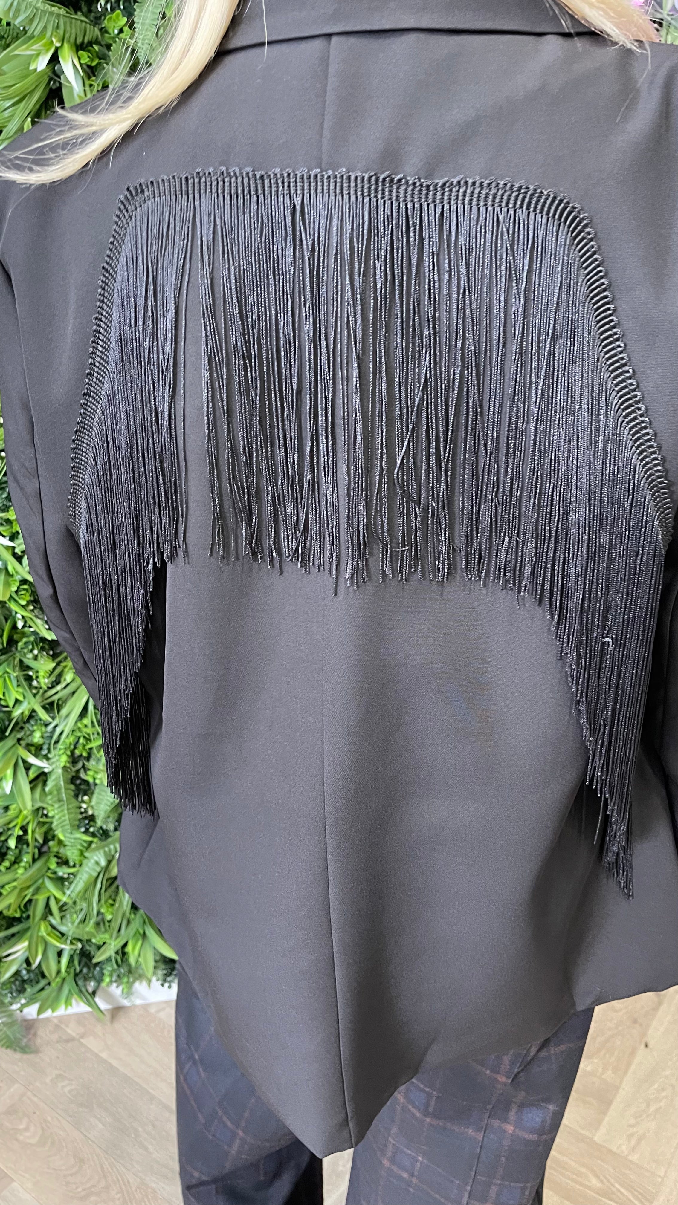 Blazer met franjes uni zwart