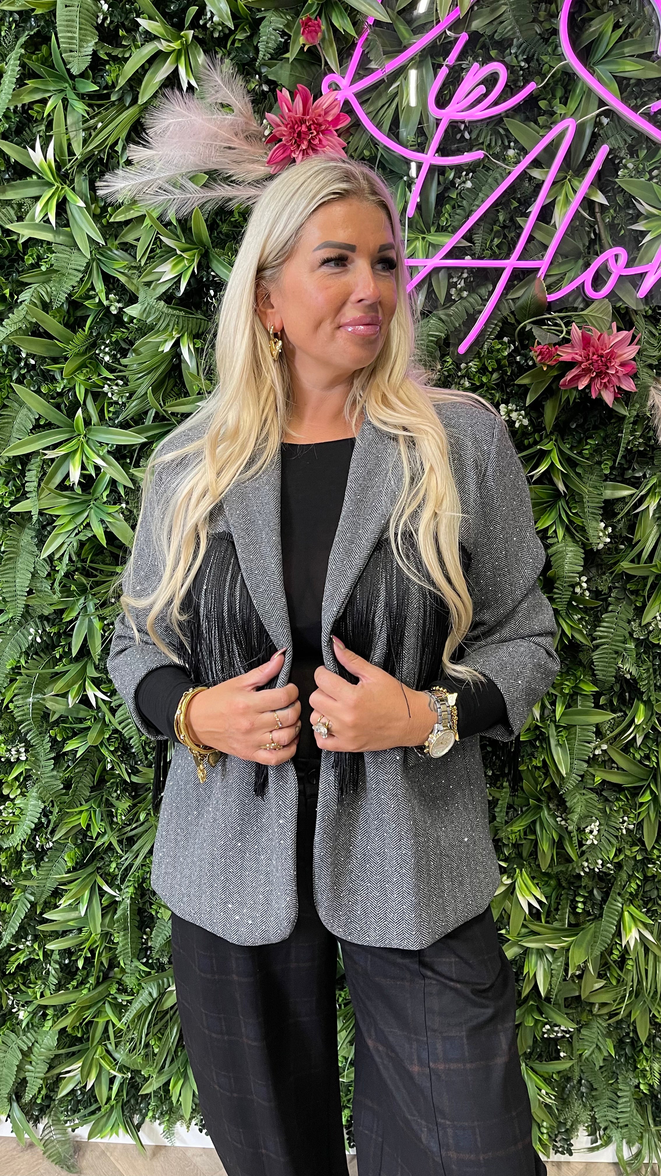 Blazer strass met franjes 3/4e mouwen donkergrijs