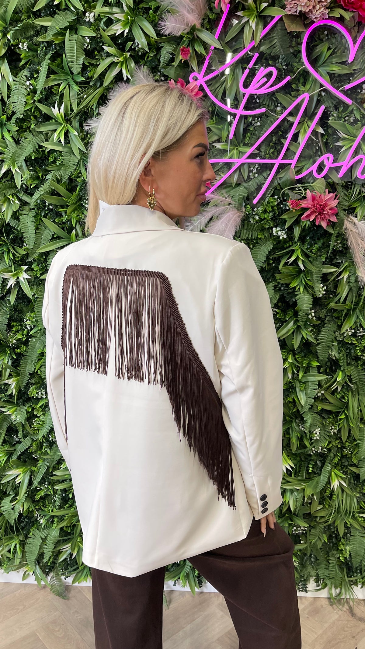 Blazer met franjes uni beige