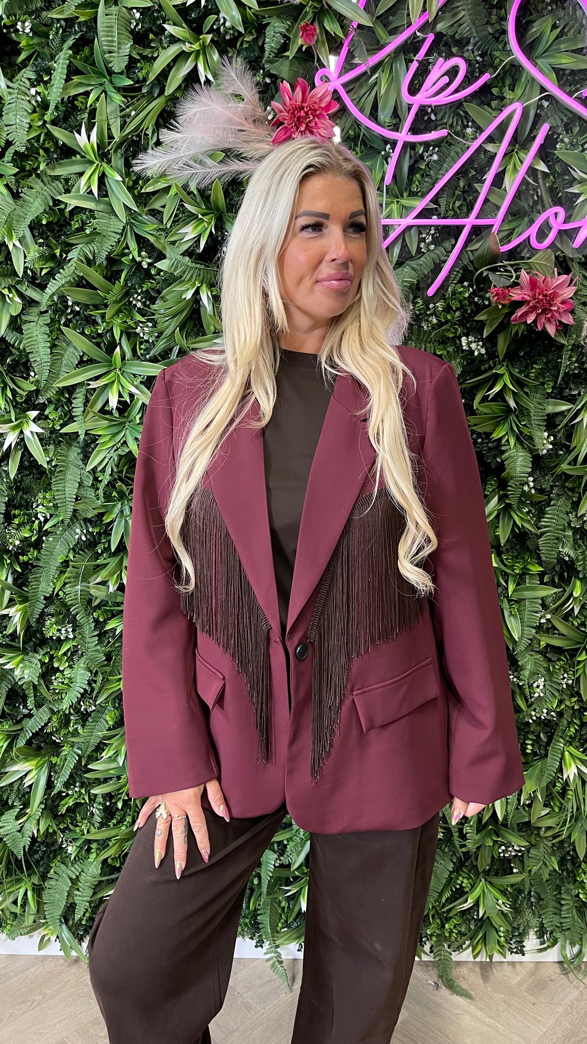Blazer met franjes uni aubergine