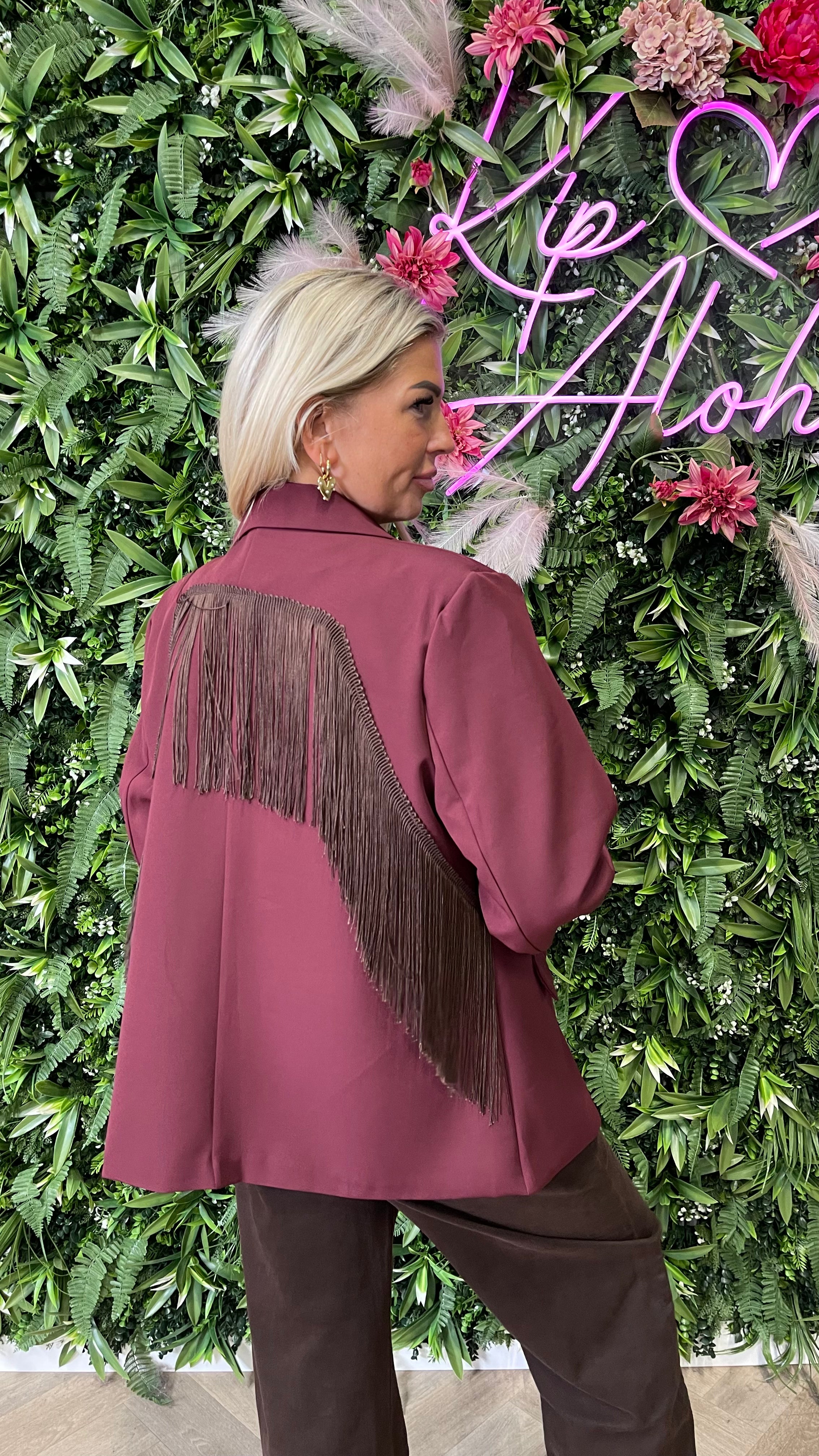 Blazer met franjes uni aubergine