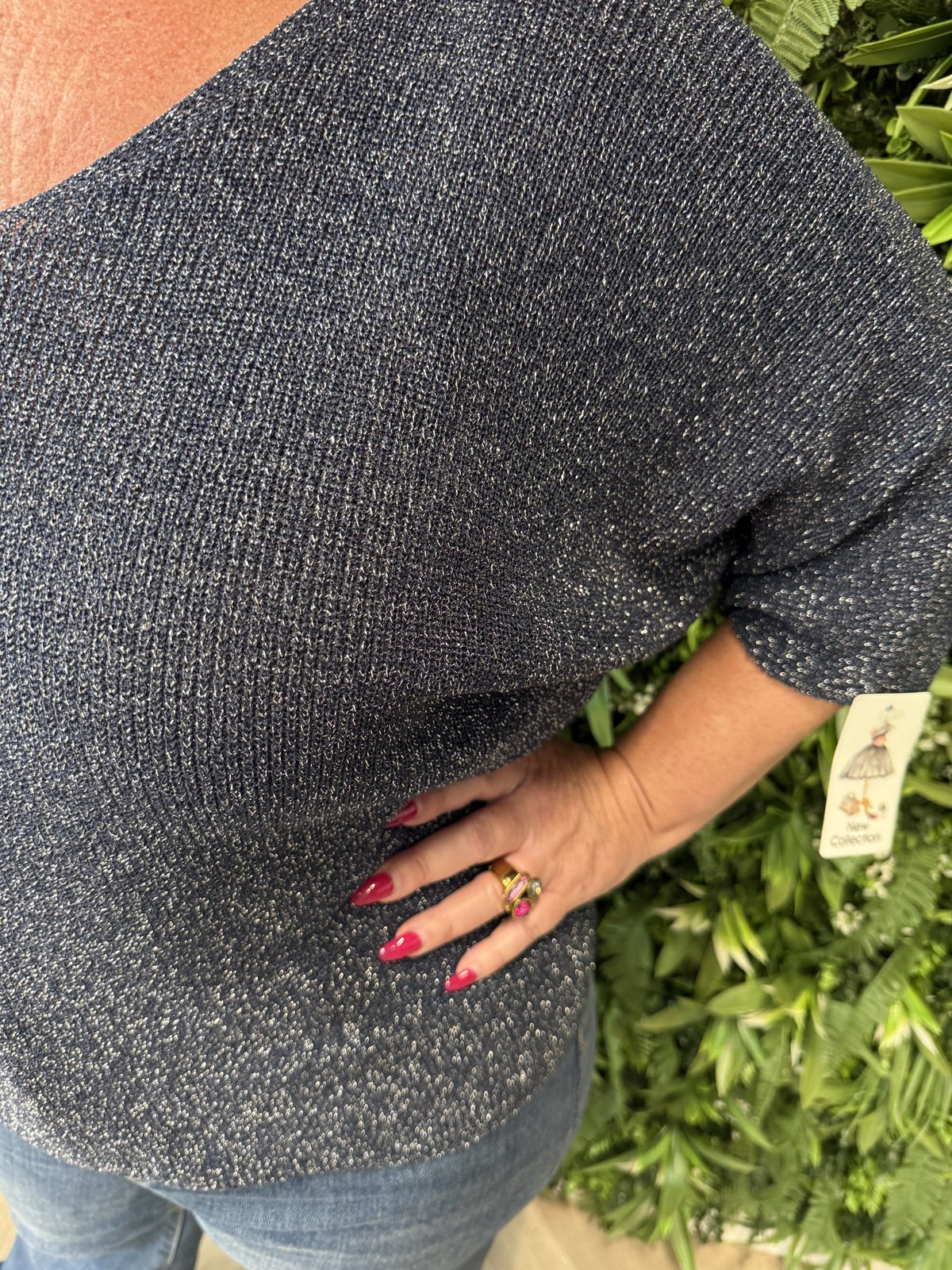 Gebreide top v-hals met lurex marineblauw