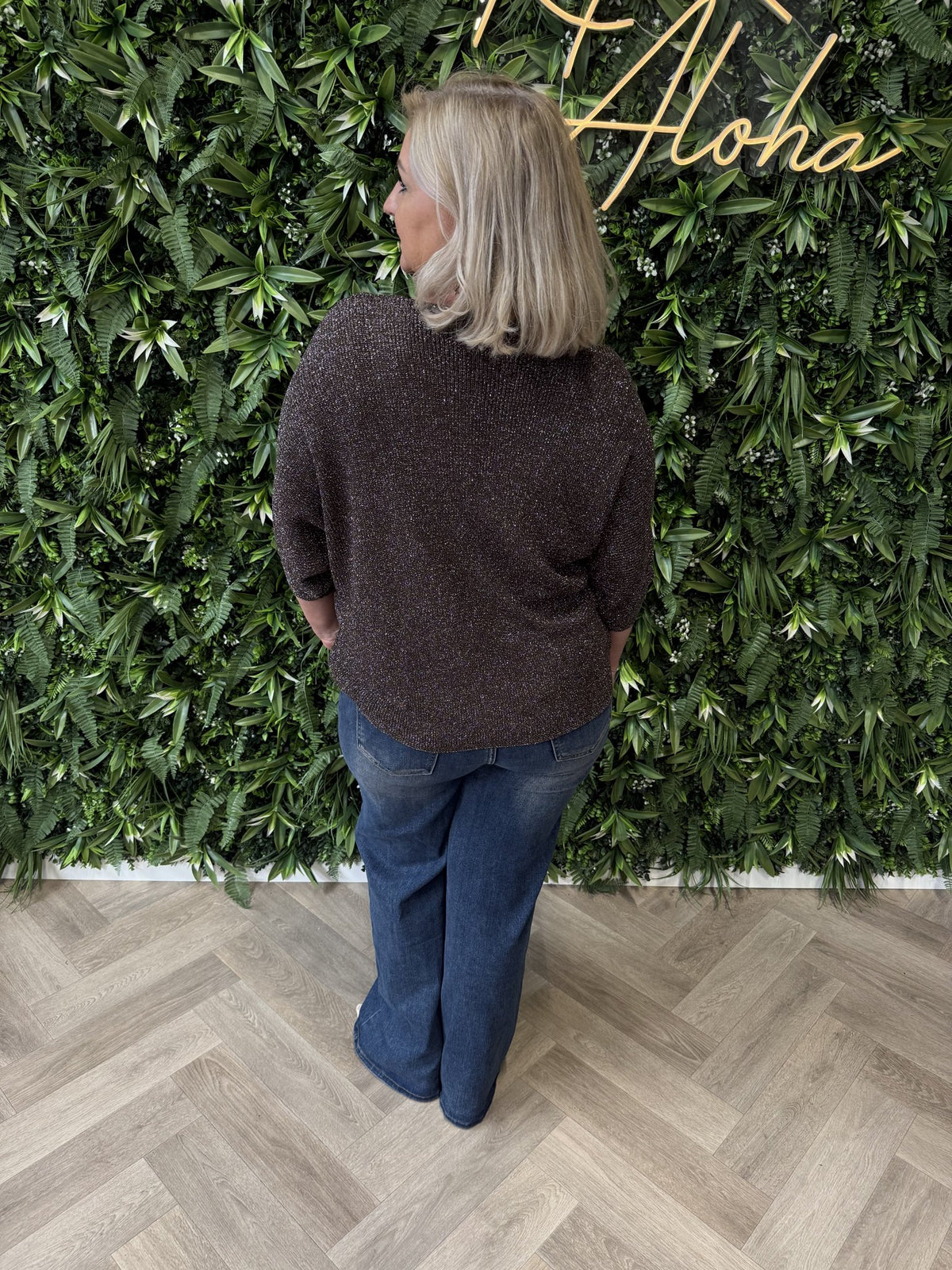 Gebreide top v-hals met lurex donkerbruin