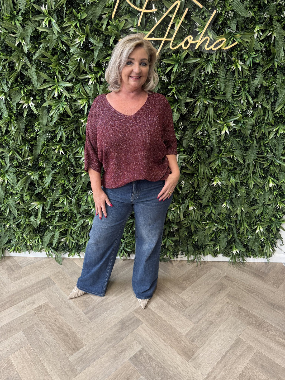 Gebreide top v-hals met lurex bordeaux