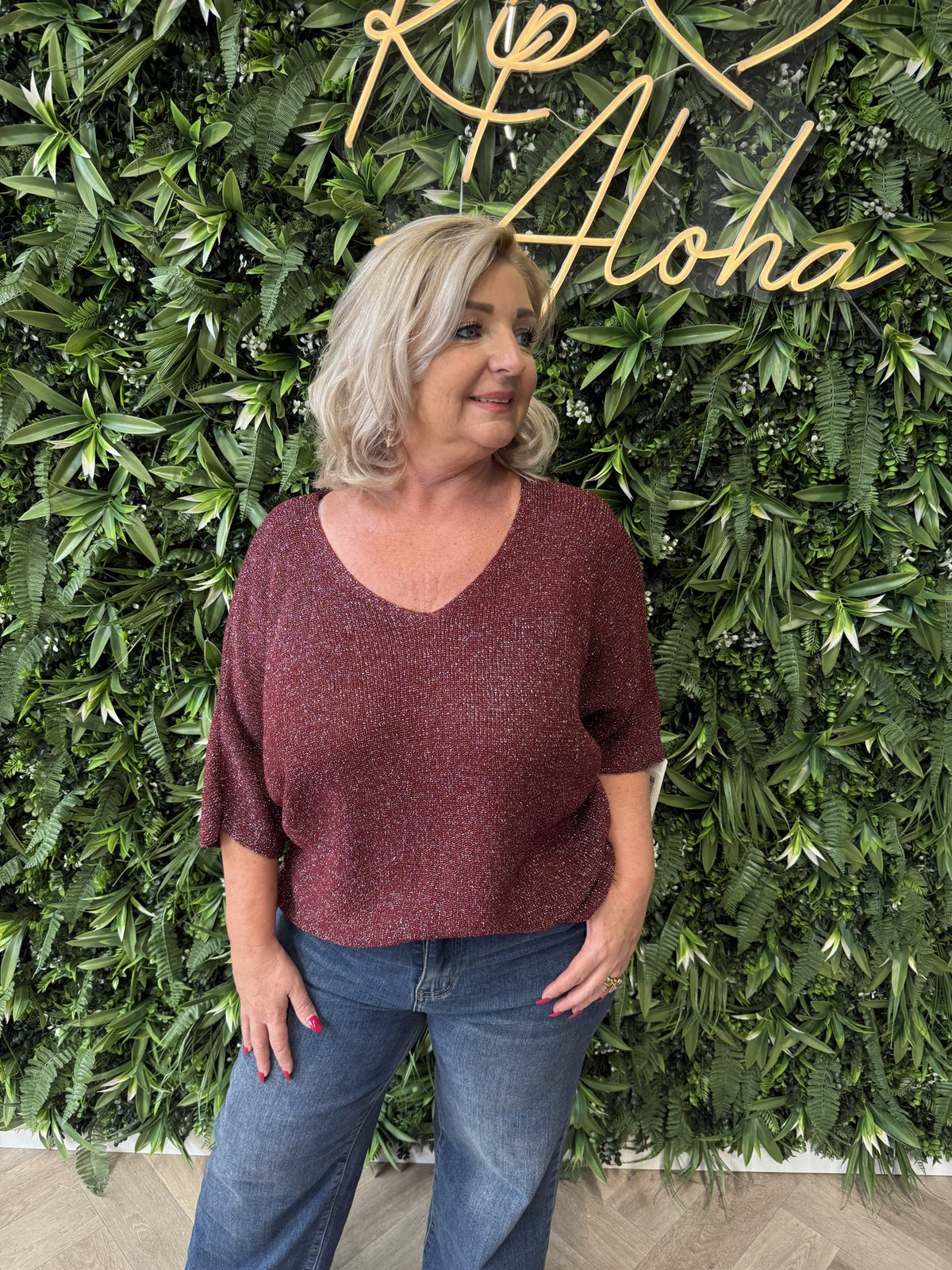 Gebreide top v-hals met lurex bordeaux