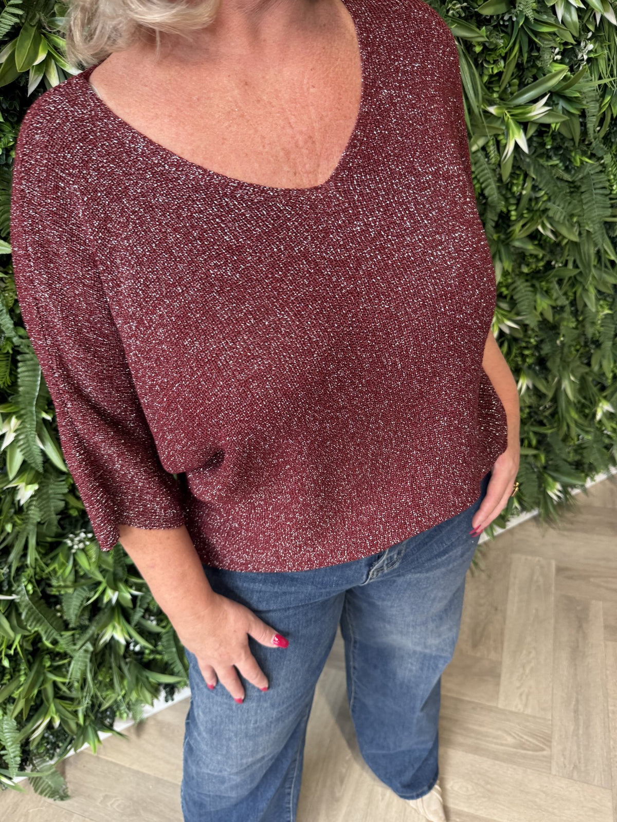 Gebreide top v-hals met lurex bordeaux