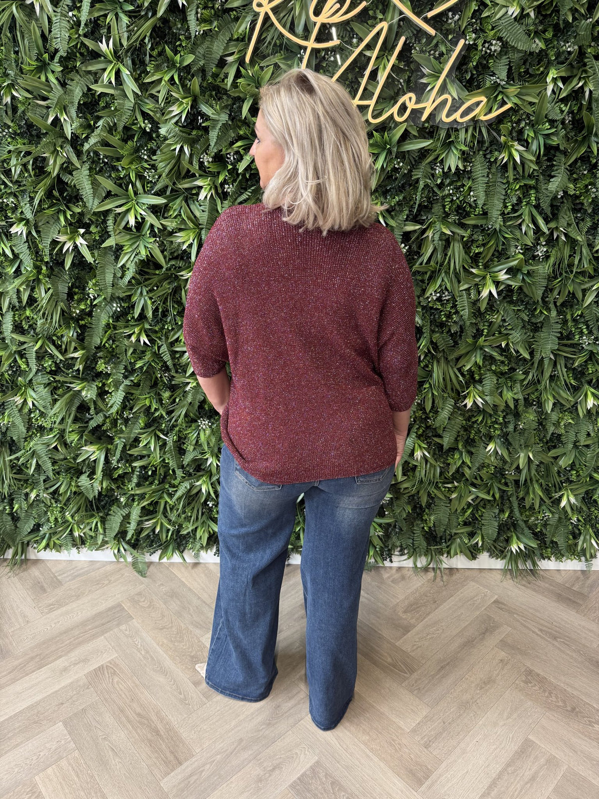 Gebreide top v-hals met lurex bordeaux