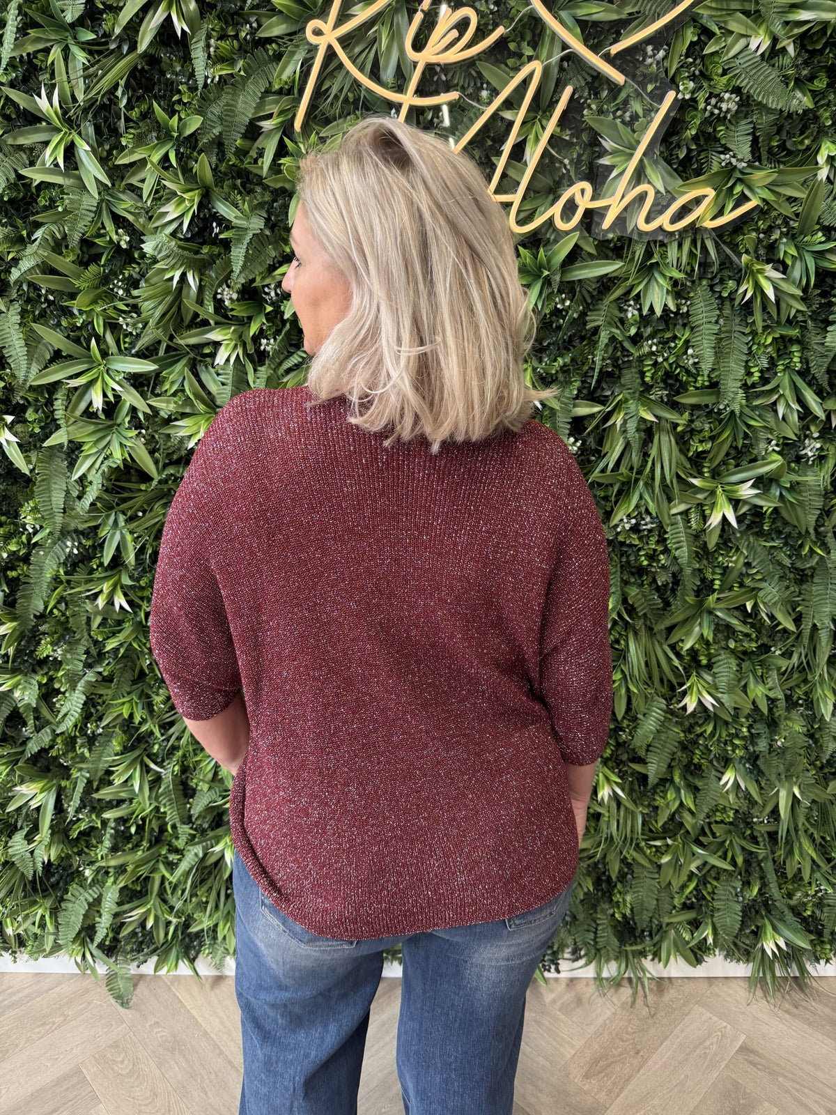 Gebreide top v-hals met lurex bordeaux