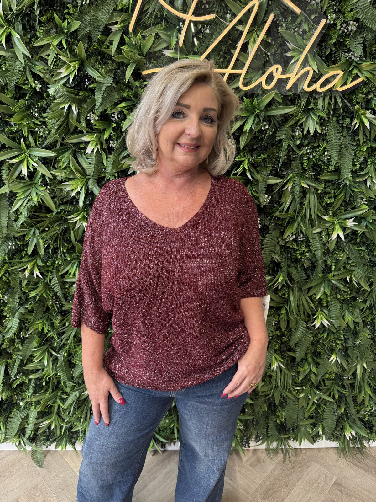 Gebreide top v-hals met lurex bordeaux