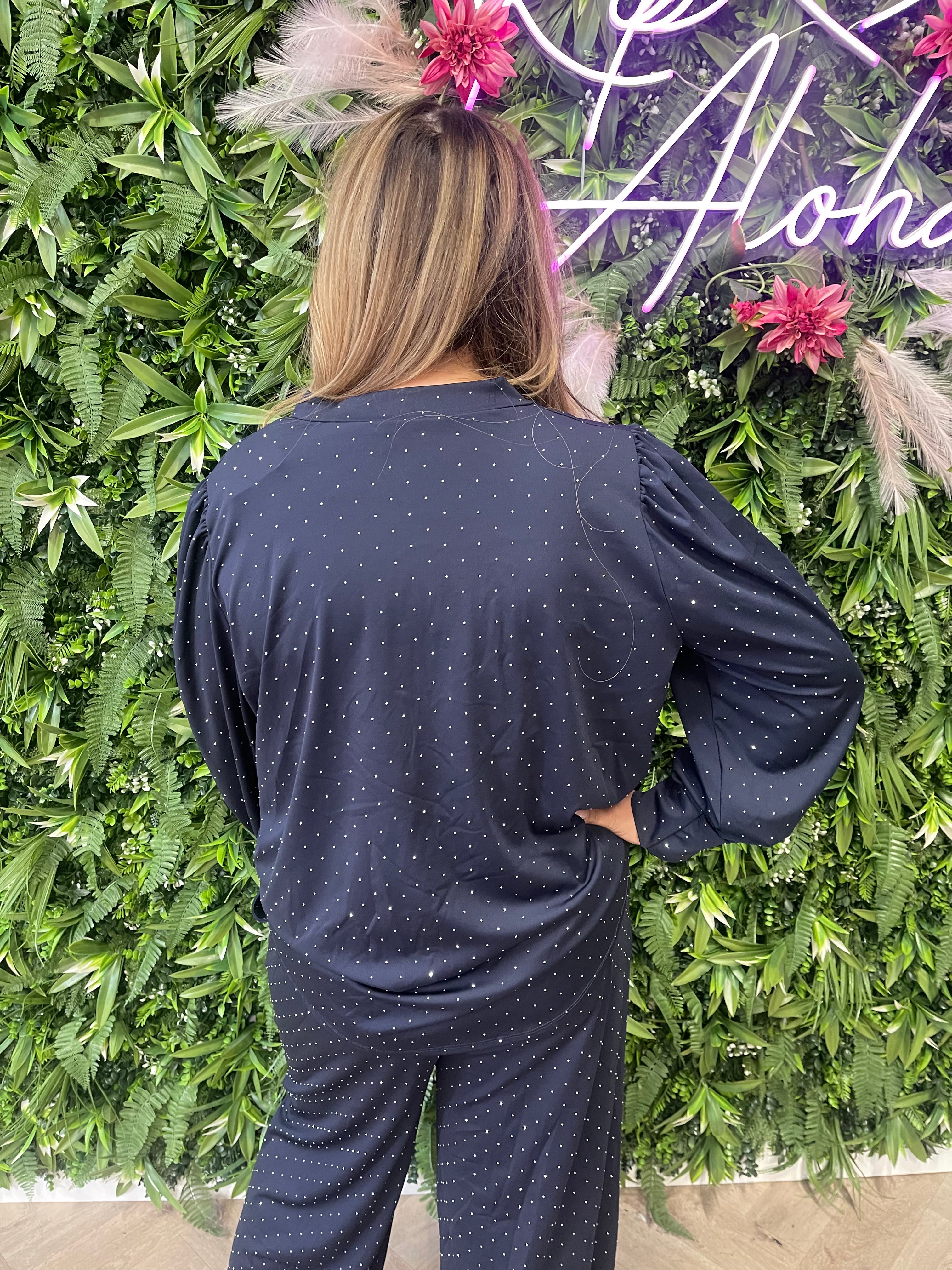 Tweedelig pak v-hals met strass marineblauw