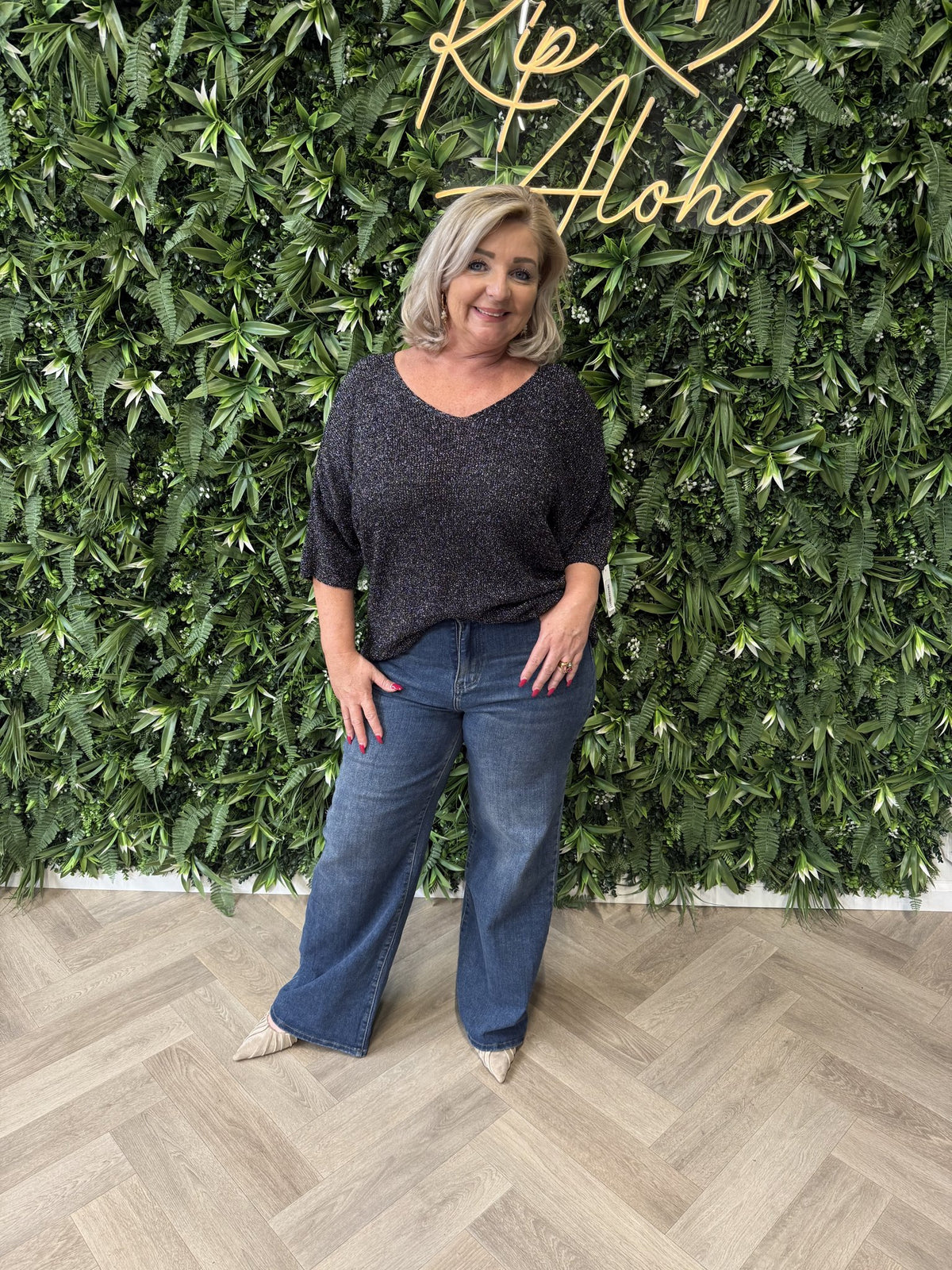 Gebreide top v-hals met lurex zwart