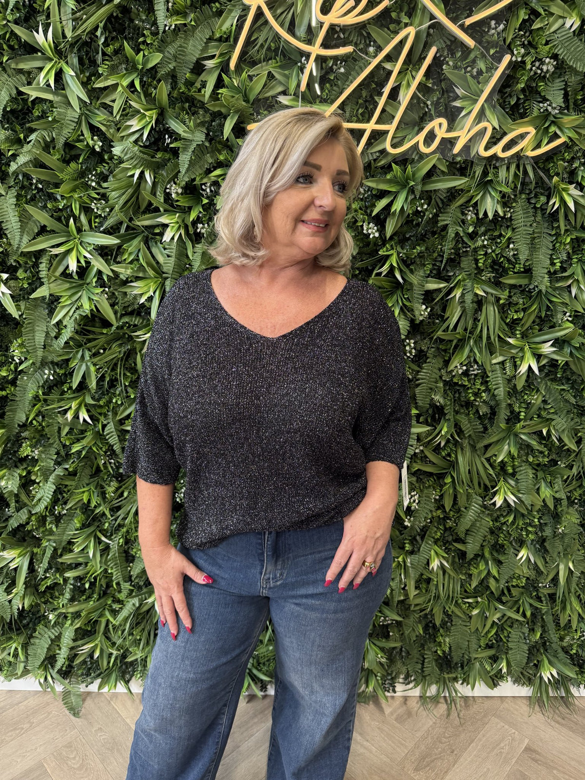 Gebreide top v-hals met lurex zwart