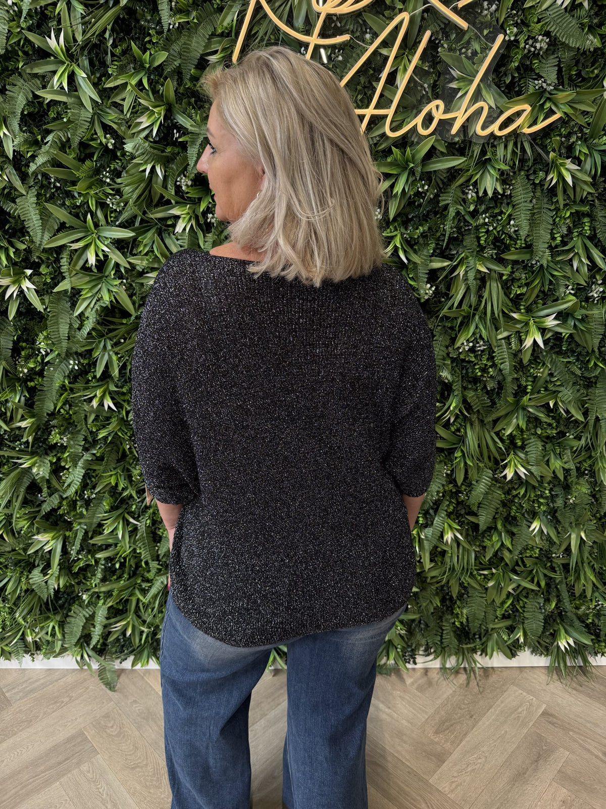Gebreide top v-hals met lurex zwart