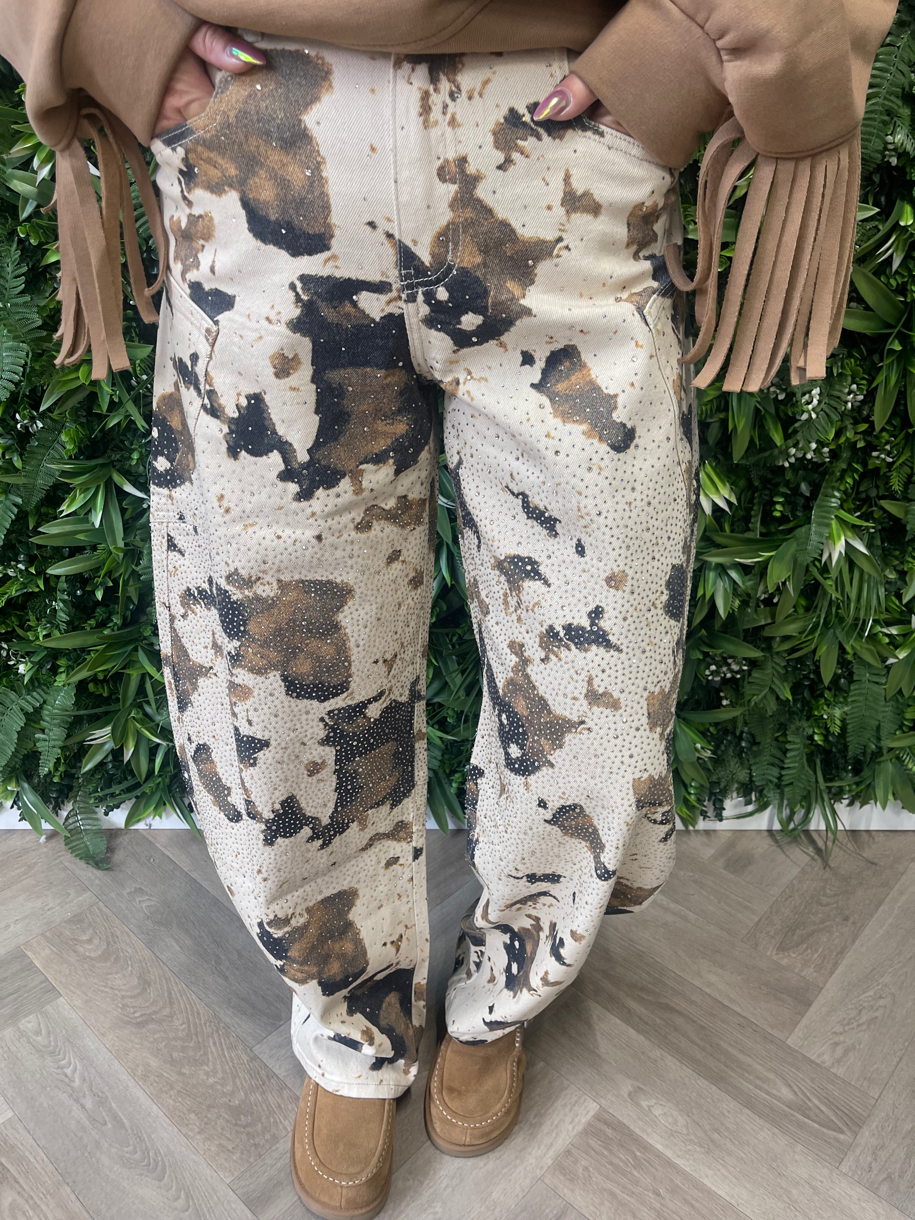 Queen of Hearts Balloon jeans gevlekt met strass beige