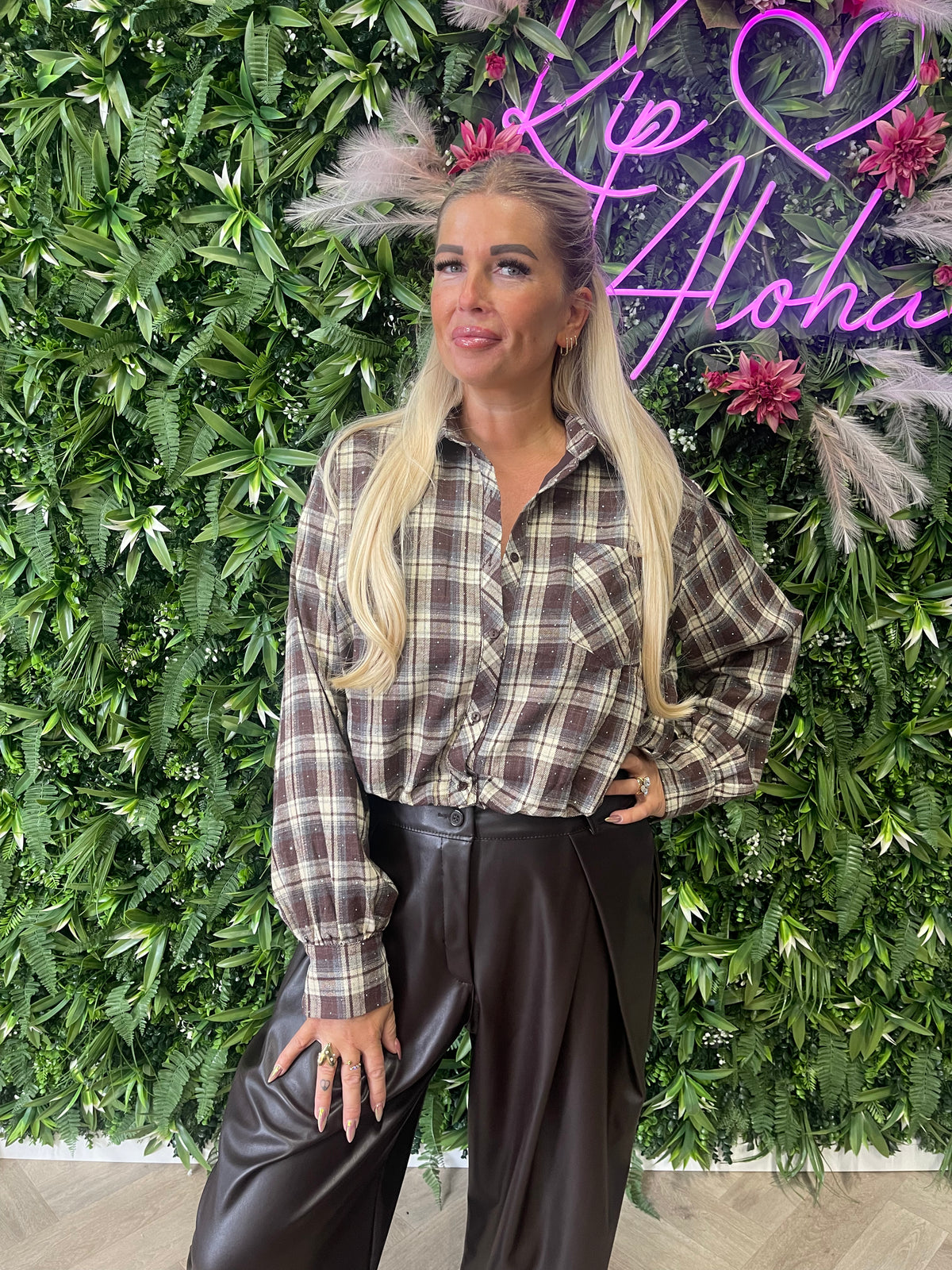 Houthakker cropped blouse met strass bruin