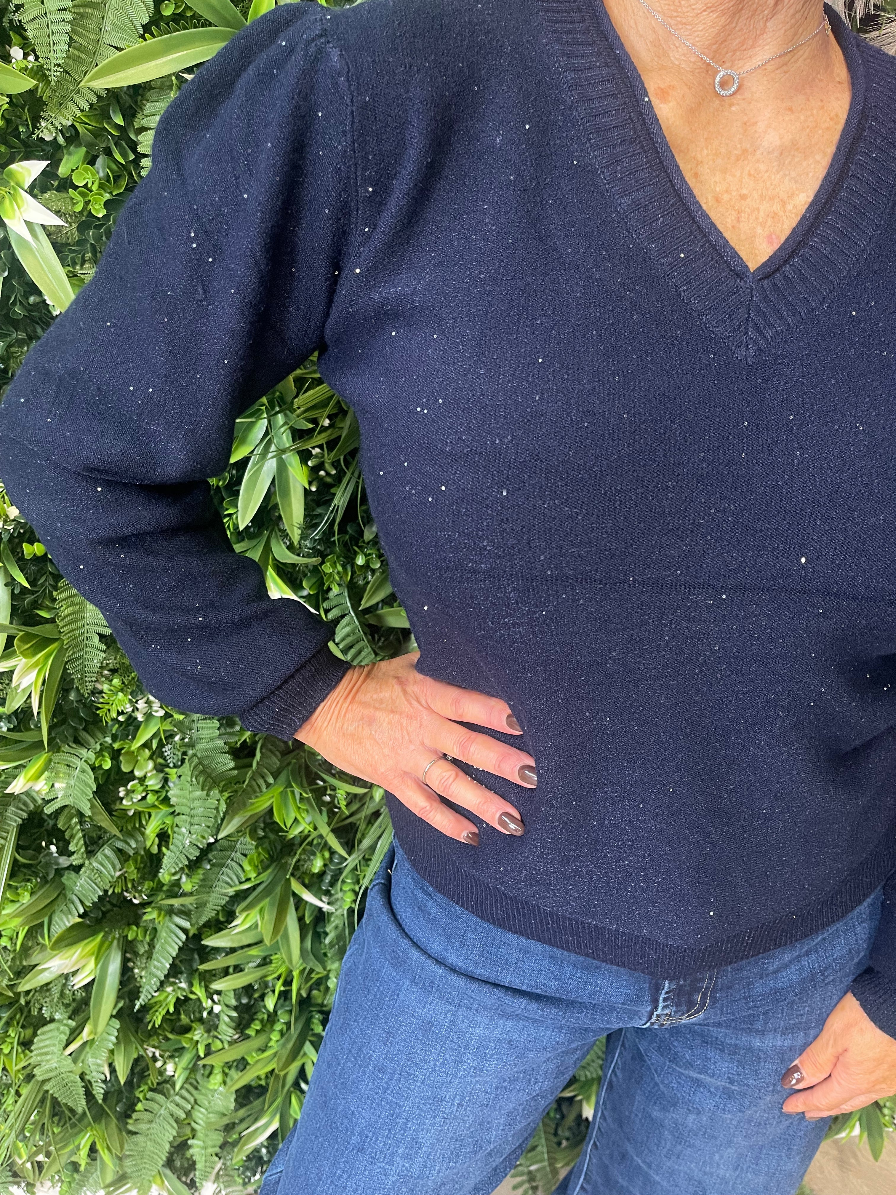 Trui v-hals met glitters marineblauw
